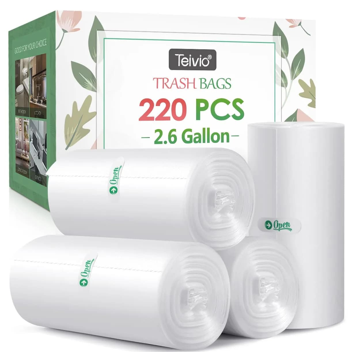 Teivio Small Trash Bags 2.6 Gal | HDPE Garbage Bags for Home & Office, 220 Count, Clear - main product image