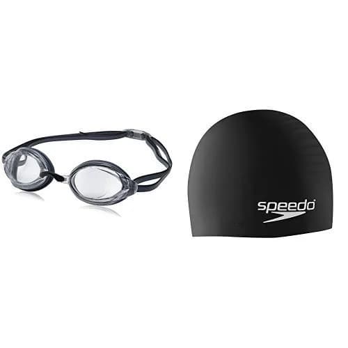 Speedo Unisex-Adult Swim Goggles Vanquisher 2.0 Clear W/ Speedo Black Cap | Precision Fit with Widest Panoramic Lens - main product image