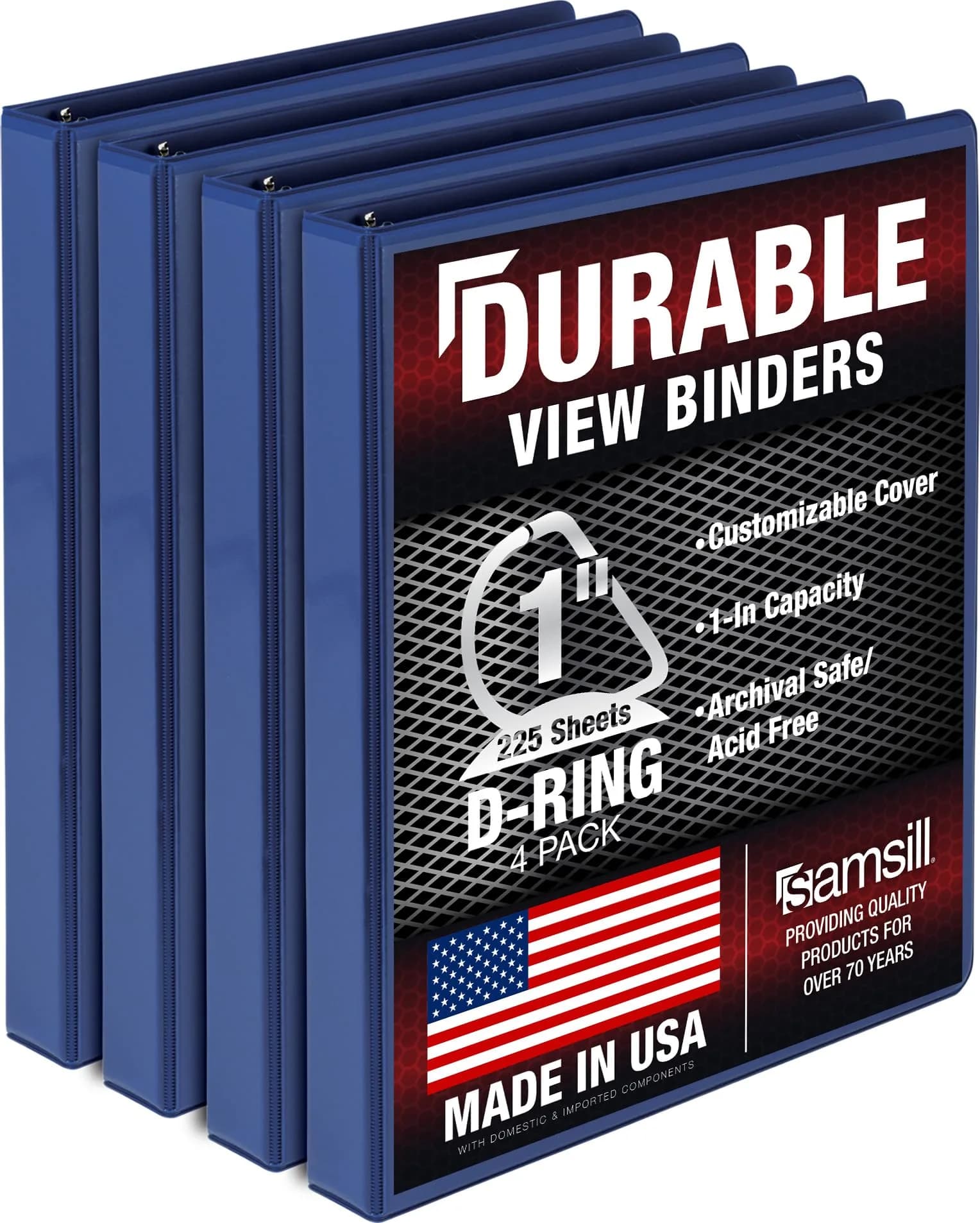 Samsill Durable 2.5cm (1 inch) 3 Ring Binder, D Ring Binder, 100% Recycled Chipboard, Blue, 4 Pack | Value Pack for Office & School - main product image