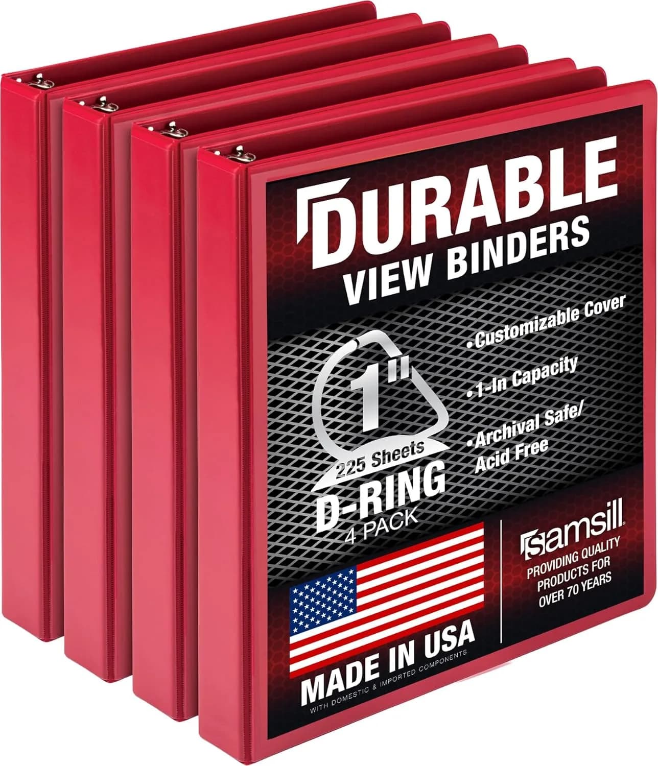 Samsill Red 2.5cm (1 Inch) D-Ring Binder (4 Pack, 125 Sheet Capacity) | Recycled Fiberboard for Office & School - main product image