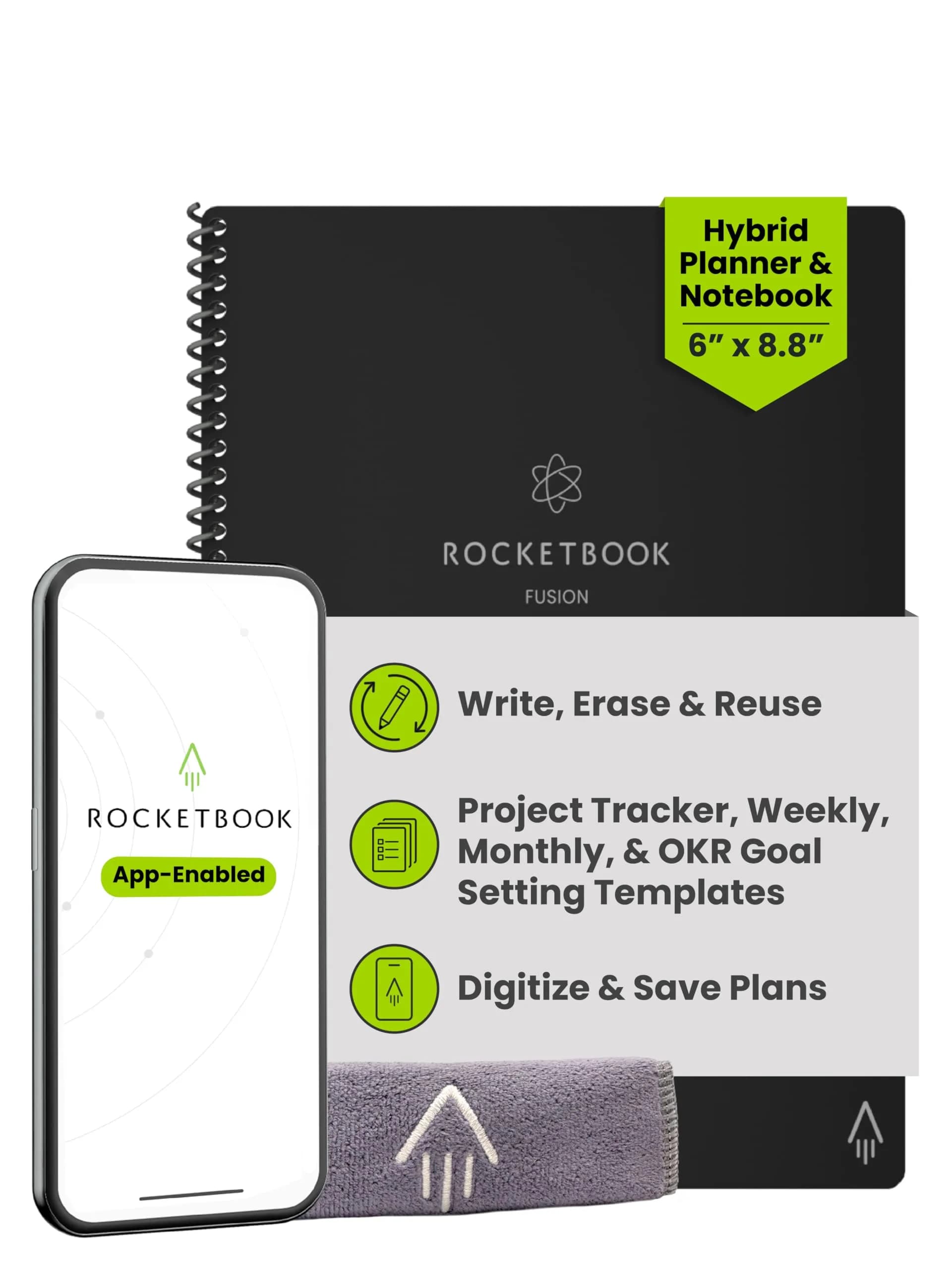 Rocketbook Fusion Hybrid Reusable Planner Notebook, Executive 6x8.8, Black | Plan, Digitize, Erase, Re-Plan - main product image