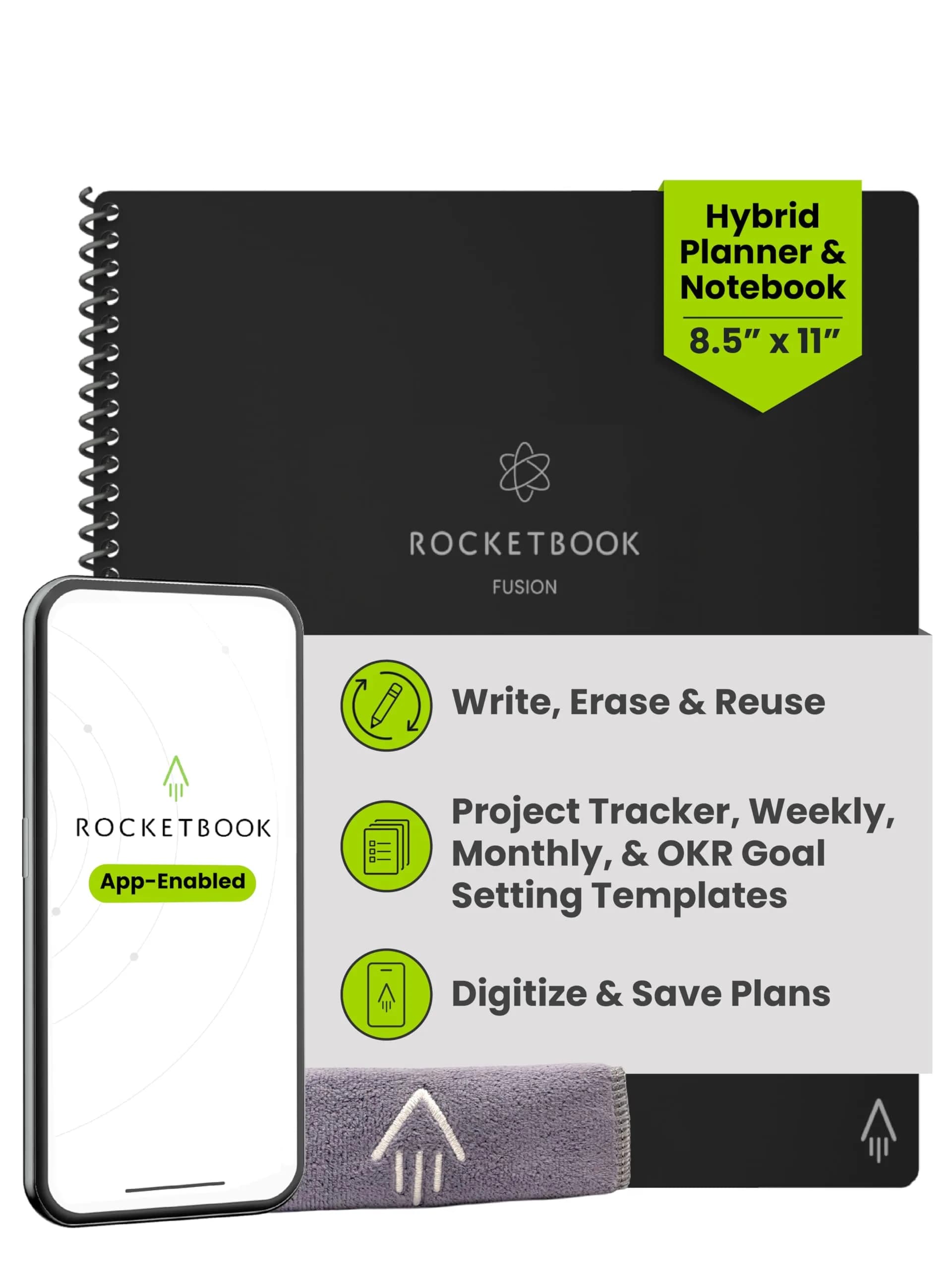 Rocketbook Fusion Hybrid Reusable Planner Notebook, Executive 6x8.8, Black | 42 Pages - main product image