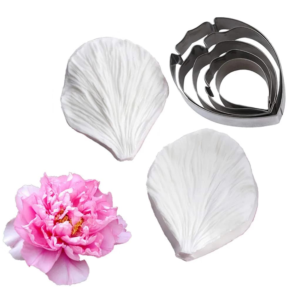 KALAIEN 5pcs Stainless Steel Peony Cutter & Silicone Mold | Fondant Flower Tool for Cake Decor - main product image