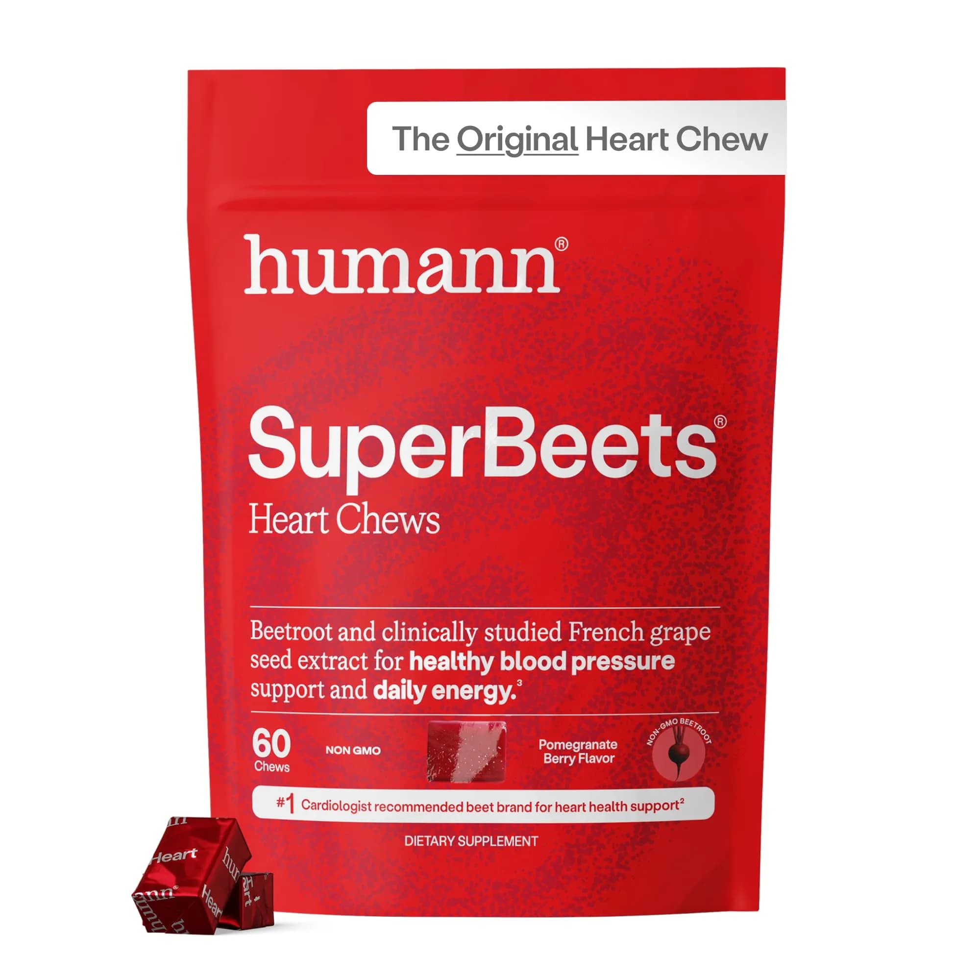 humanN SuperBeets Heart Chews Pomegranate Berry Flavor 60 Count | Support Energy & Blood Pressure - main product image