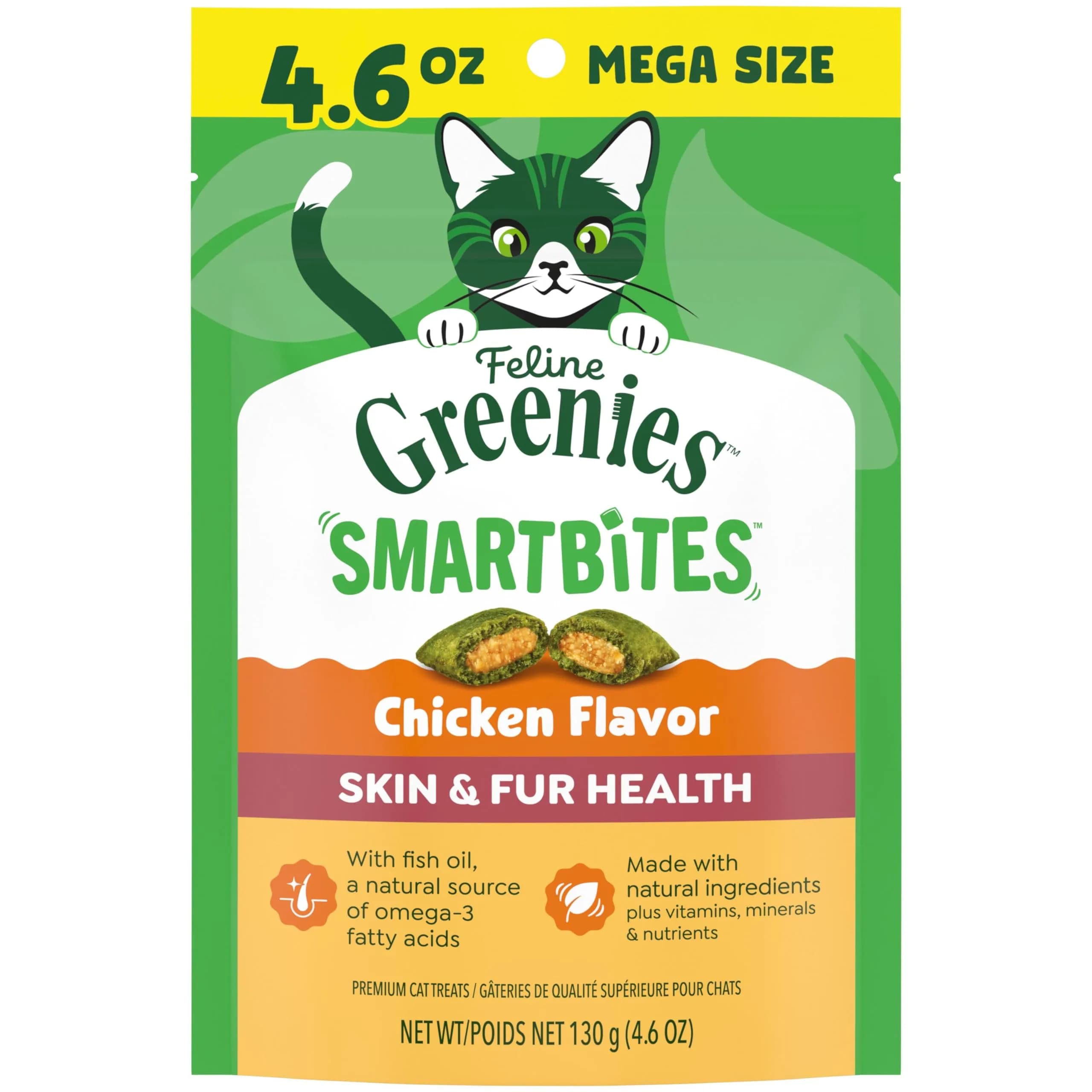 Greenies Feline Smartbites Skin & Fur Health Cat Treats, Chicken, 4.6 oz (130 g) | Vet-Designed with Omega-3s for Healthy Skin - main product image