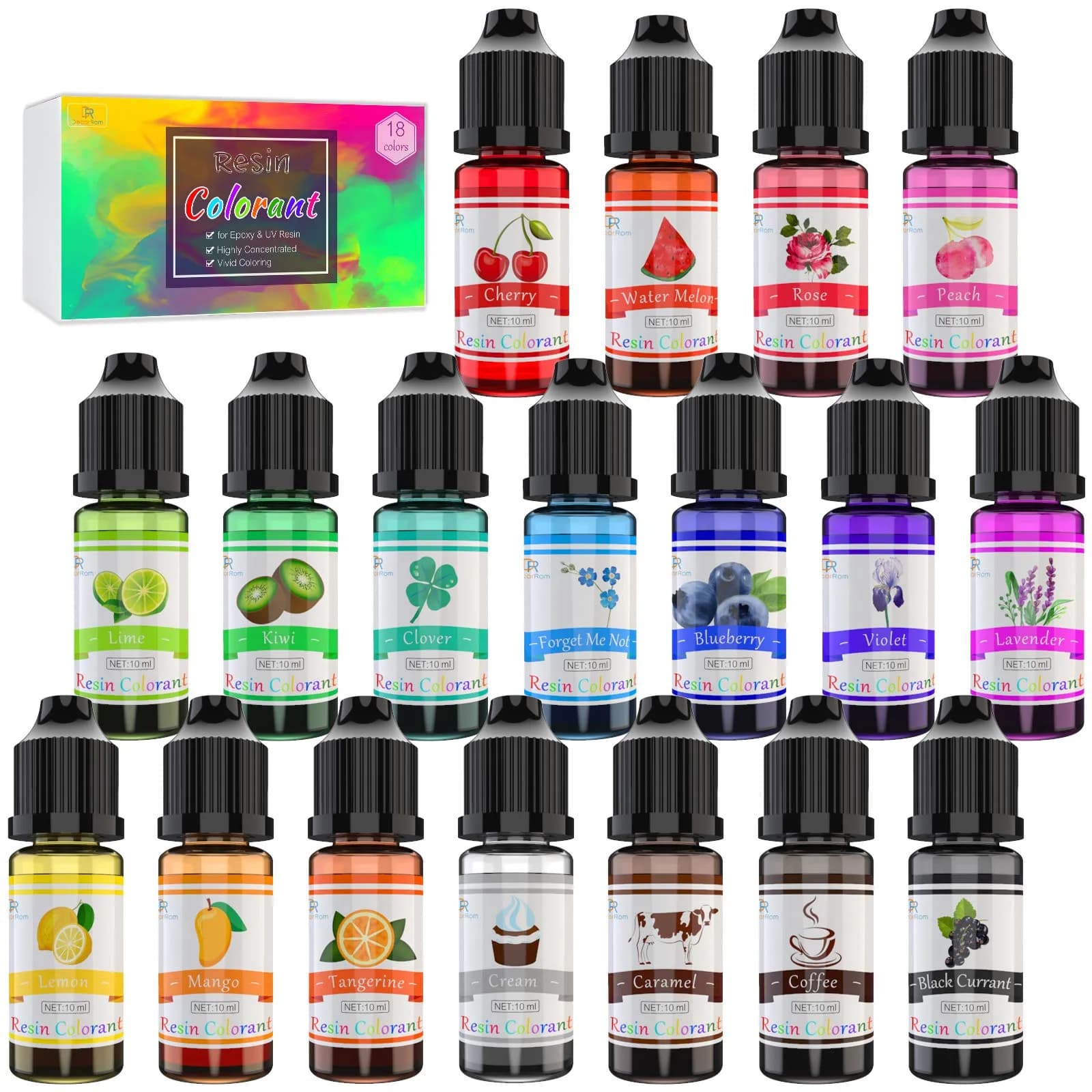 DecorRom Liquid Epoxy Resin Pigment 10ml (0.35 Fl Oz) Each | 18 Assorted Colors for Art & Jewelry - main product image