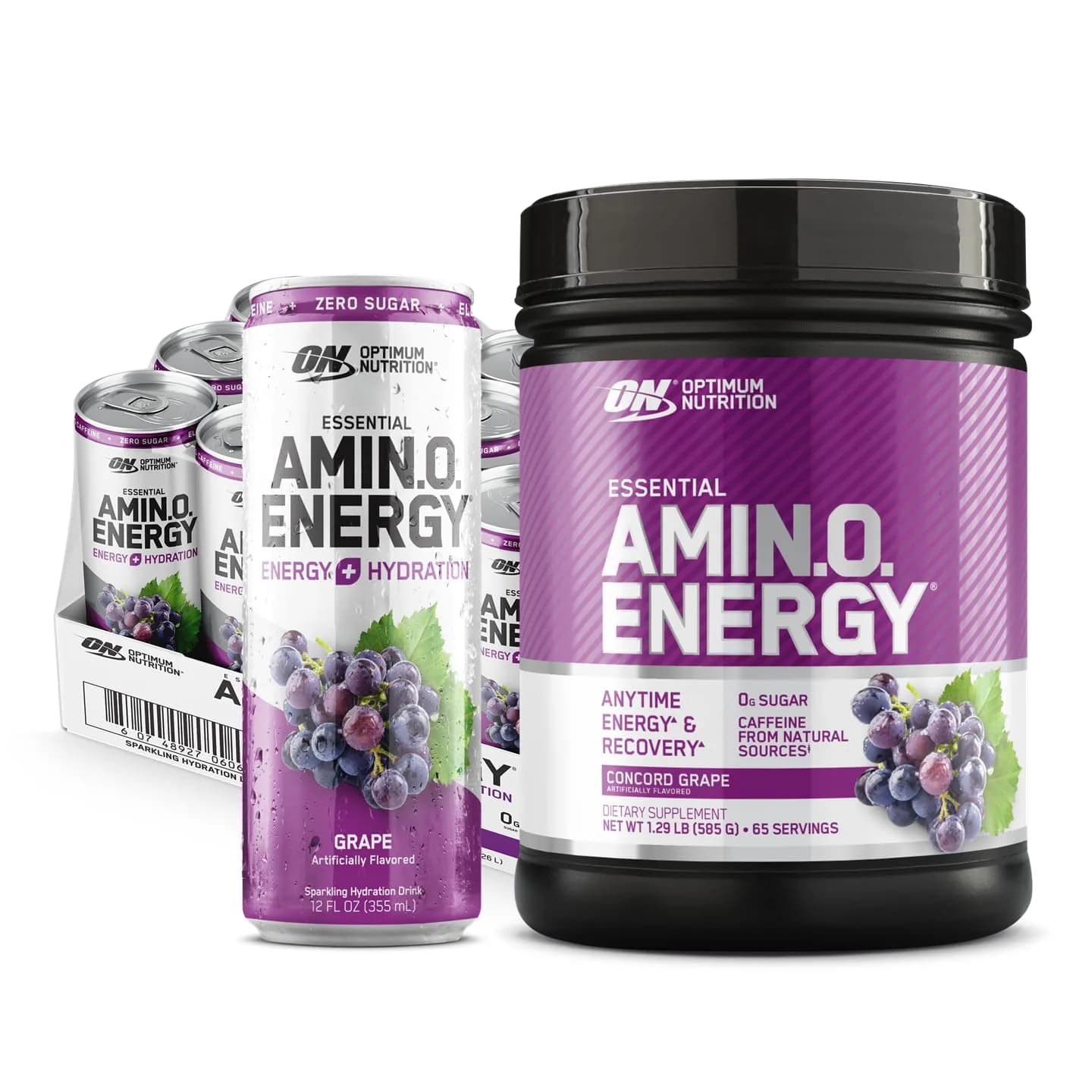 Optimum Nutrition Amino Energy Powder Concord Grape 65 Servings + Sparkling Drink Grape 12 Count | Essential Amino Acids & Electrolytes - main product image