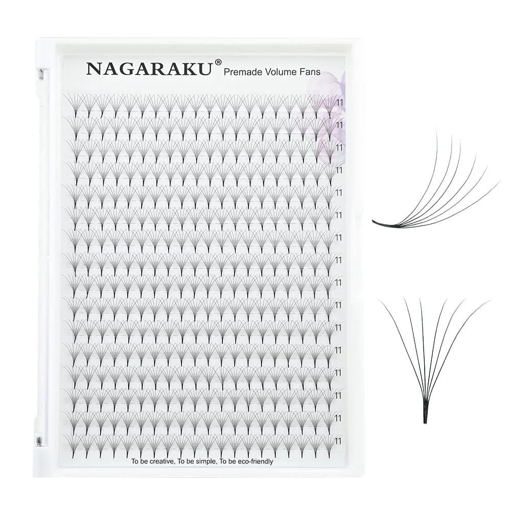 NAGARAKU Premade Fans Eyelash Extensions 11mm | 6D Volume, C & D Curl, Fluffy Matte Black, 320 Fans - main product image