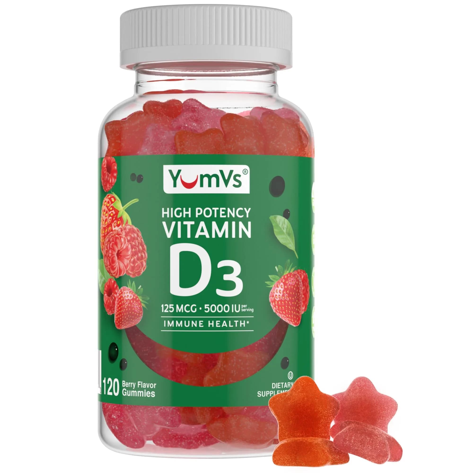 YUM-V'S Vitamin D3 Gummies 120 Count | 5000 IU Berry Vegetarian Supplement with Immune & Bone Support