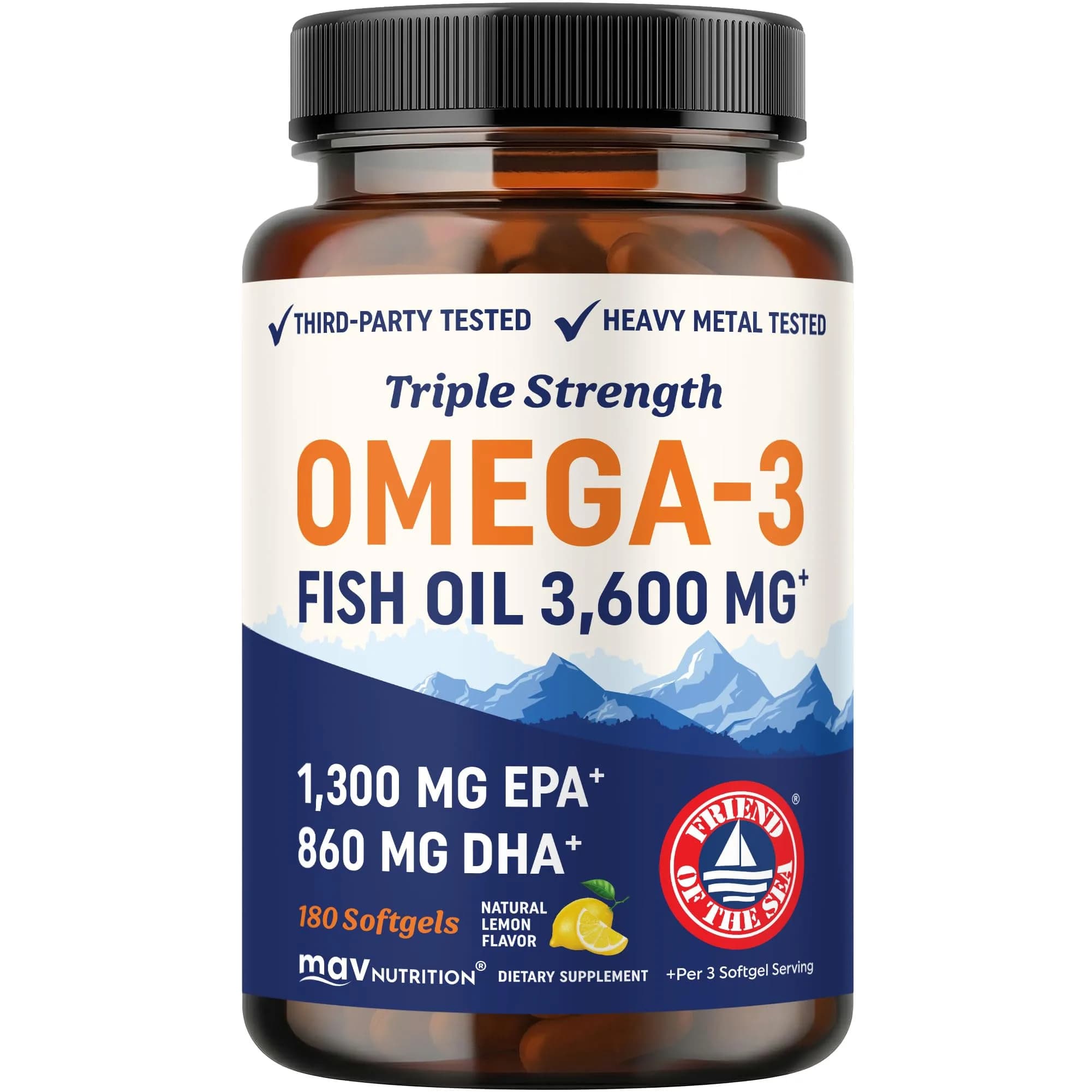 MAV NUTRITION Triple Strength Omega 3 Fish Oil 3600 mg 180 Count | EPA 1300mg DHA 860mg Burpless Softgels - main product image