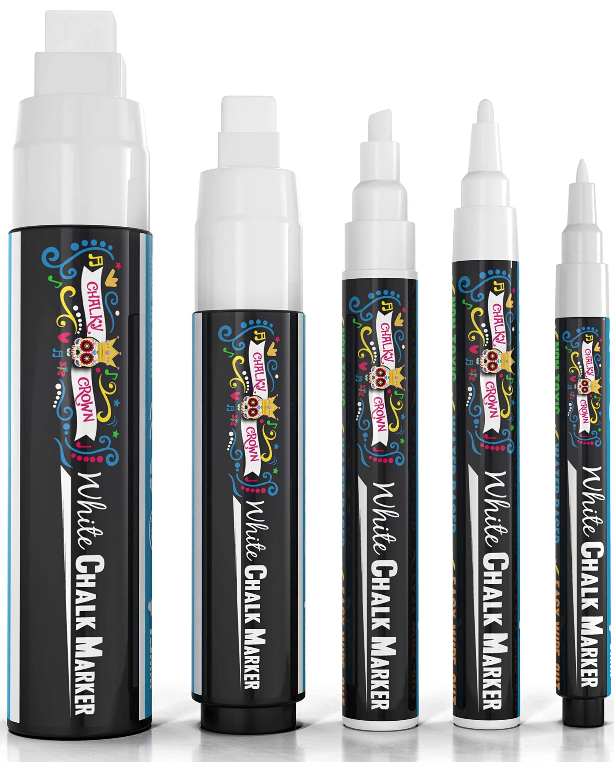 CHALKY CROWN White Liquid Chalk Markers - 5 Pack (1, 3, 6, 10, 15mm) | Eco-Friendly, Kid Safe & Erasable - main product image
