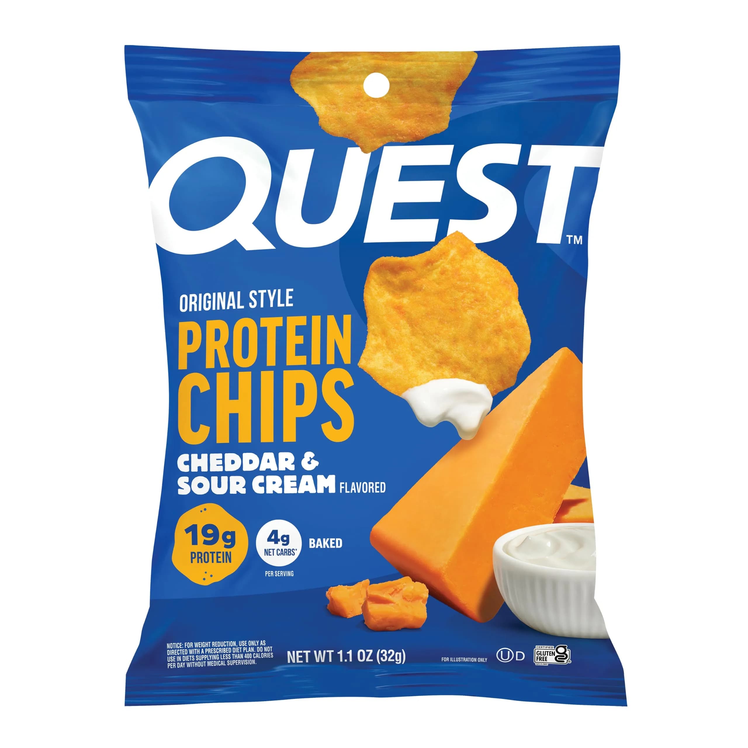 Quest Nutrition Cheddar & Sour Cream Protein Chips 1.1 oz (31g) Bags, 19g Protein, 4g Net Carbs | Gluten-Free Baked Snack - main product image
