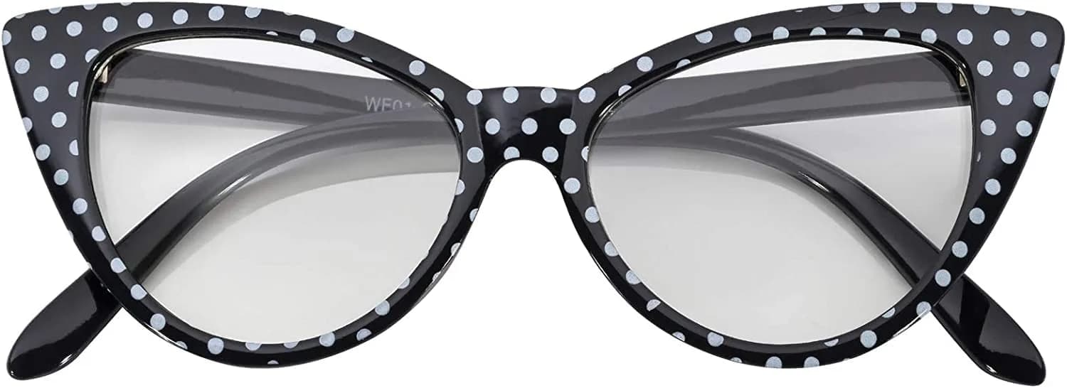 OWL Cat Eye Glasses for Women Vintage - Black White Polka Dots Frame Clear Lens | Small Fit Retro Style