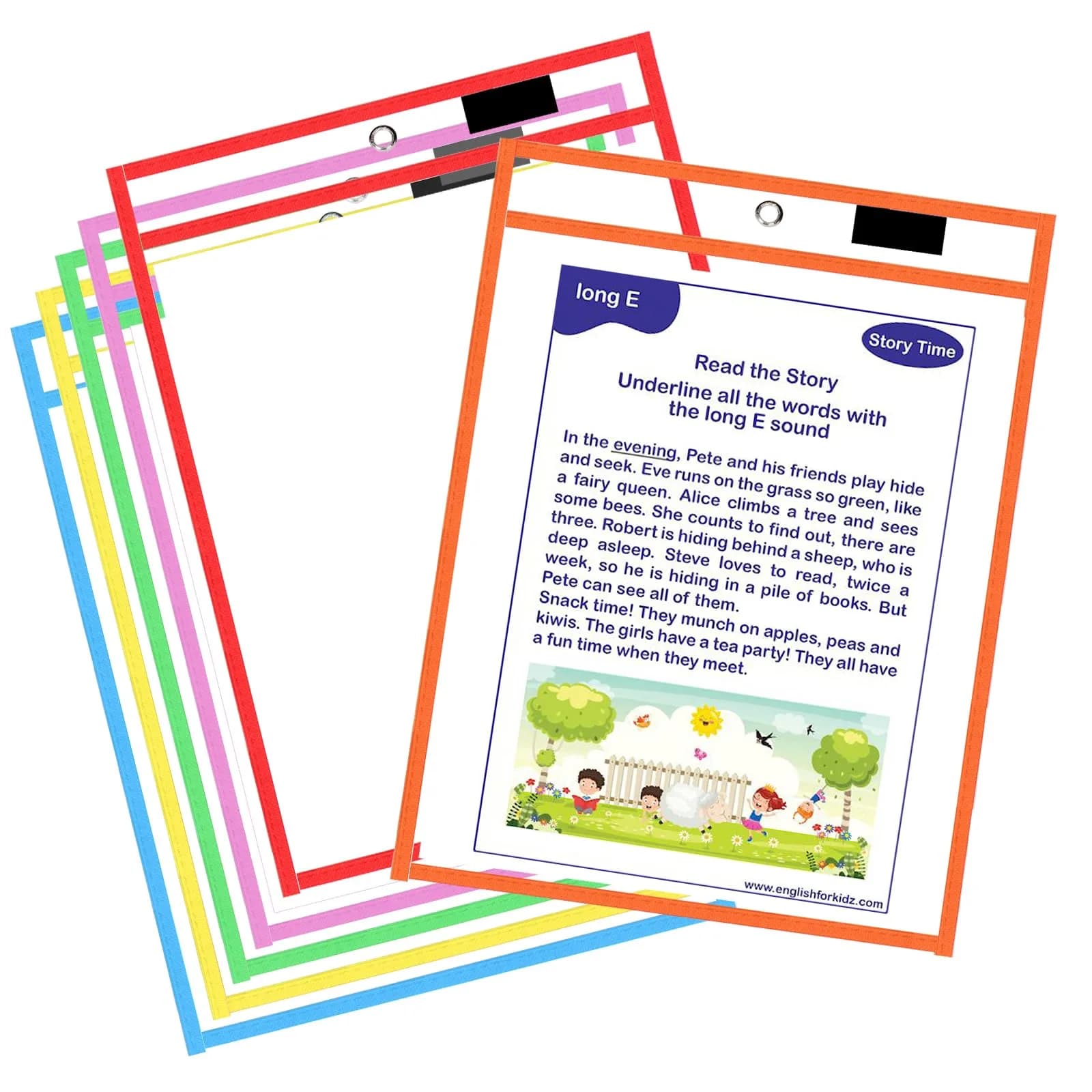 Ufamrine 6 Pcs Dry Erase Pockets Sleeves Colorful, Job Ticket Holders 25cm x 33cm | Reusable Plastic Sleeves for Classroom - main product image