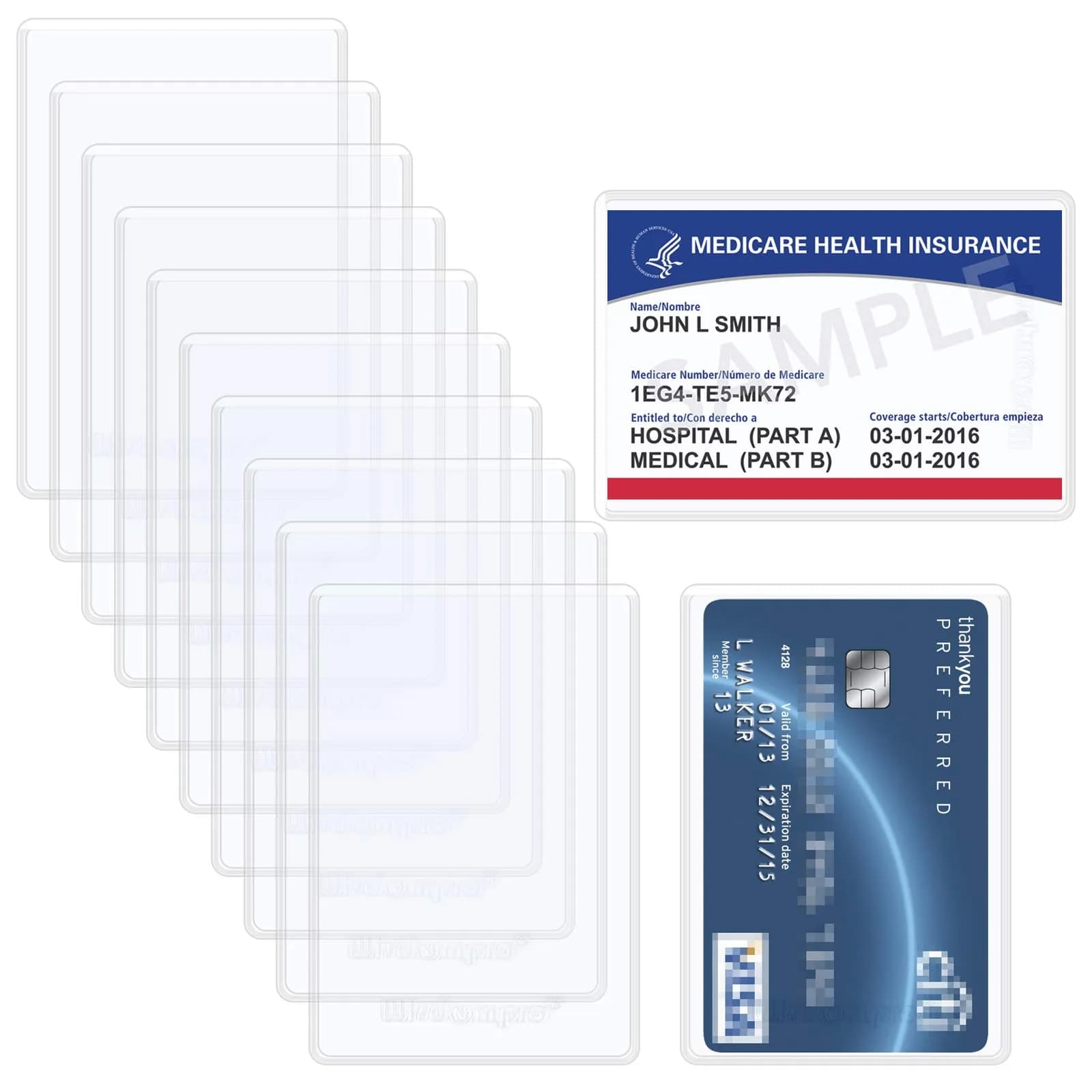 Wisdompro 10 Pack Card Document Sleeves | Clear PVC Medicare Card Protectors (3.54x2.44 Inches)