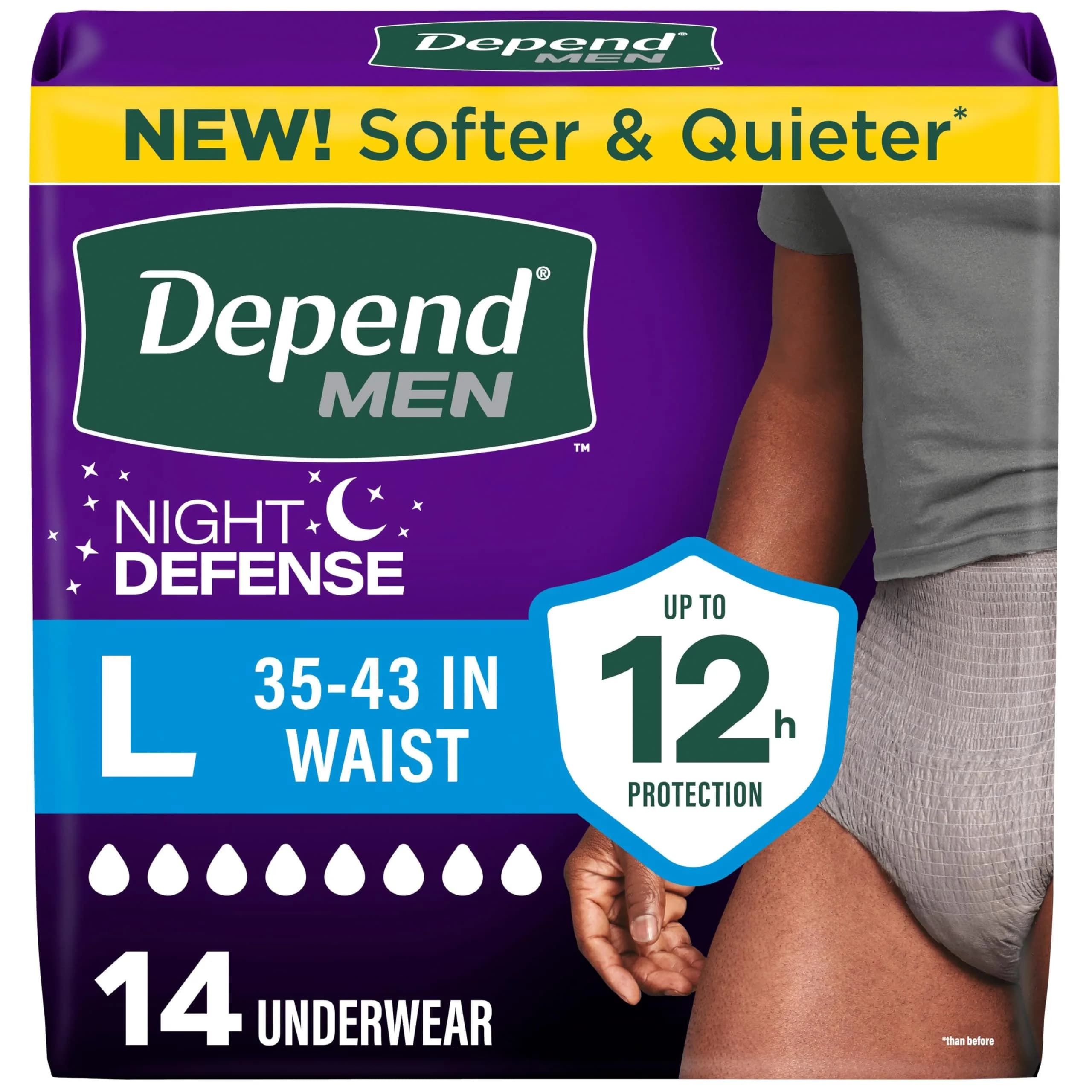 Depend Night Defense Adult Diapers for Men, Overnight, Large, Grey, 14 Count | Up to 12 Hours Protection - main product image