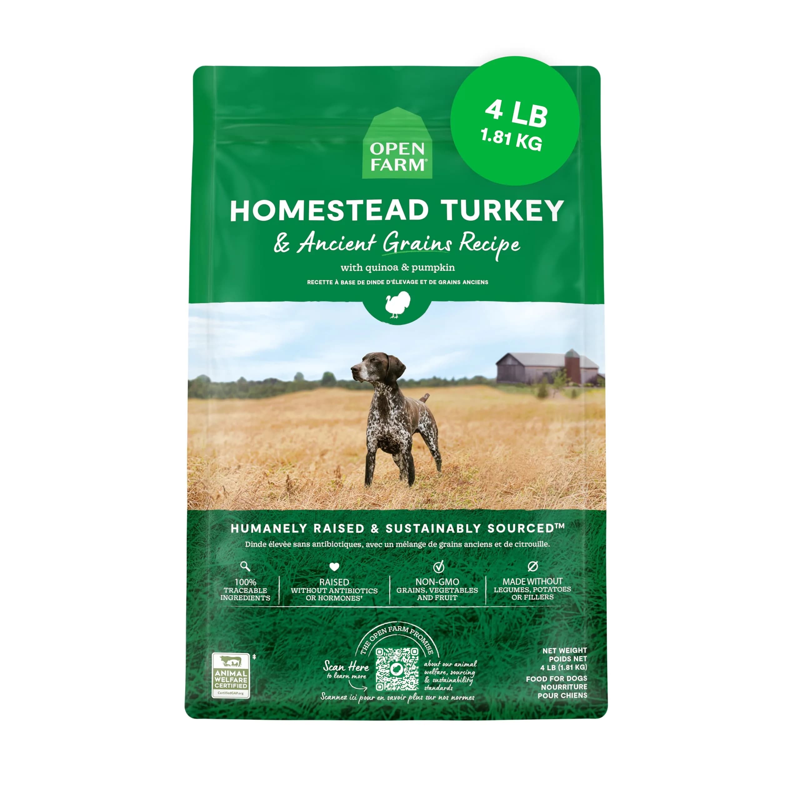 Open Farm Ancient Grains Dry Dog Food, Homestead Turkey Kibble, 1.81kg (4lb) | Heart-Healthy & Balanced Nutrition