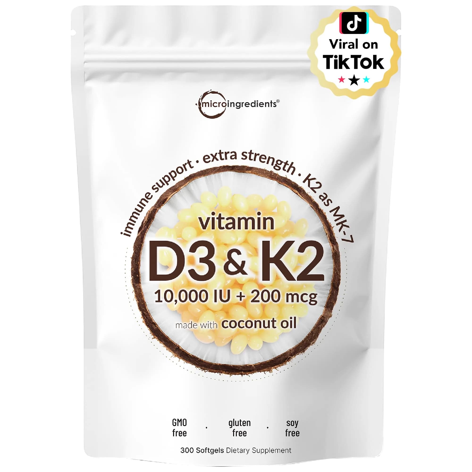 Micro Ingredients Vitamin D3 10,000 IU + K2 MK-7 Softgels with Coconut Oil, 300 Count | USA Import for Indian Wellness - main product image