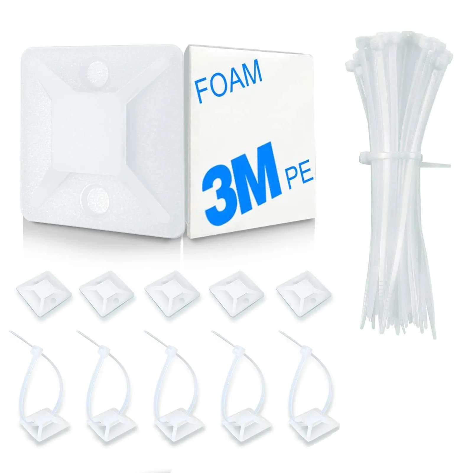 HUASAI White 100 Pack Zip Tie Mounts with 7.8" Cable Ties | Organize Wires Under Desks & Walls - main product image