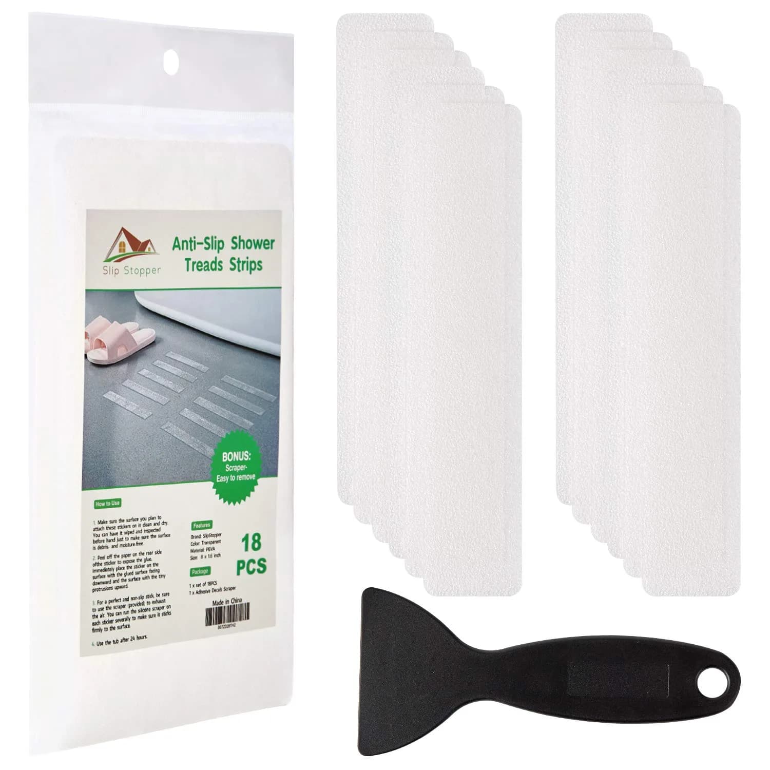 SlipStopper Non Slip Bathtub Strips 18 PCS Larger Adhesive Anti Slip Shower Stickers 20.3 cm x 4.1 cm (8 x 1.6 Inch) | Premium Scraper Included - main product image