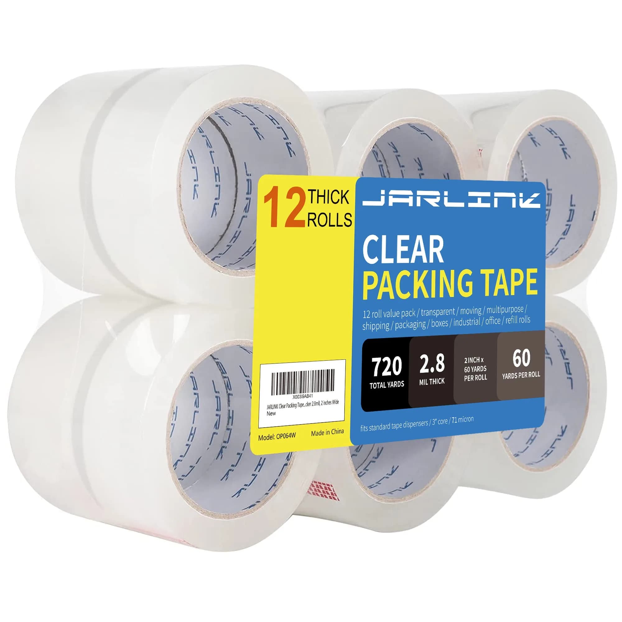 JARLINK Clear Packing Tape 2.8mil, 50mm x 55m (2" x 60 yd) | Heavy Duty BOPP Acrylic Adhesive Tape for Shipping & Sealing - main product image