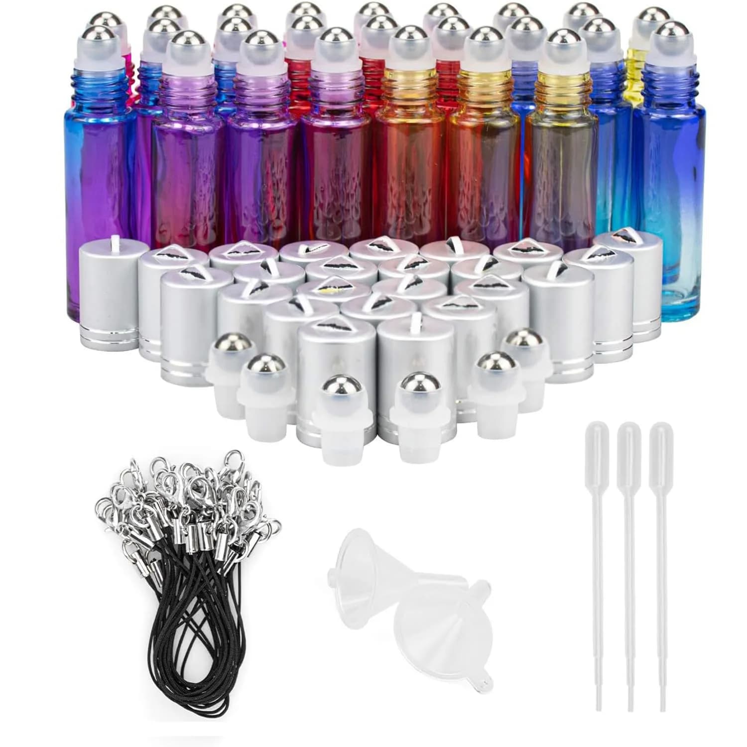 Foraineam 24 Pack 10ml Gradient Color Glass Essential Oil Roller Bottles with Stainless Steel Ball & Hanging Lid | Refillable Cosmetic Containers for Travel - main product image