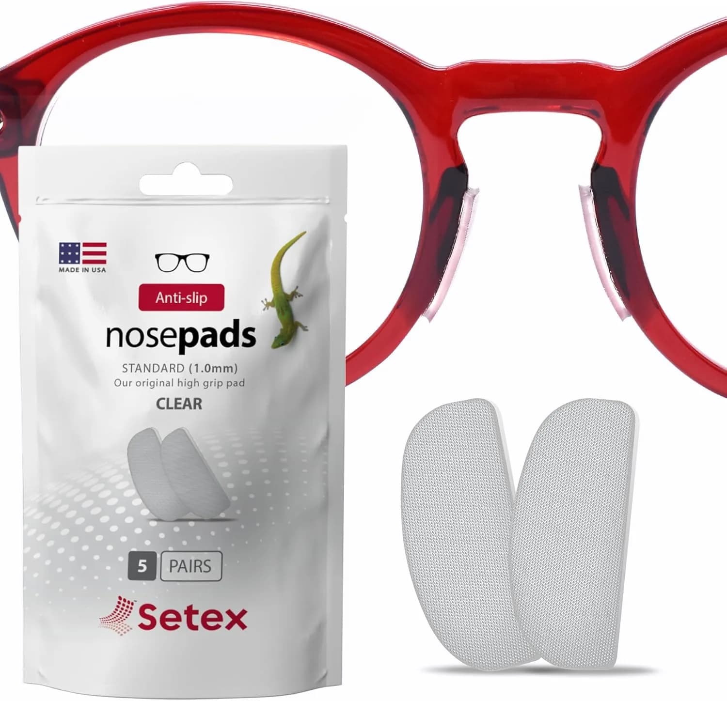 Setex Gecko Grip 1.0mm Anti Slip Nose Pads for Glasses, 5 Pair, Clear | Gecko-Inspired Microfiber Grip for Plastic Frames - main product image