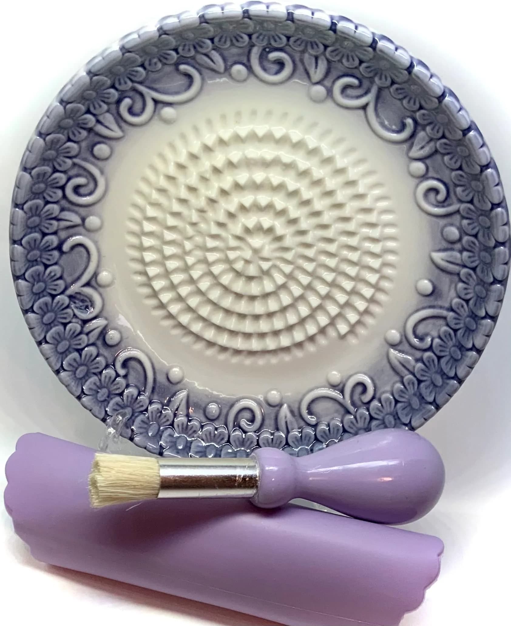 BonCera Premium Ceramic Garlic Grater Plate Set 13.3cm (5.25 Inch) Diameter | Purple Embossed All-in-One 4-Piece Set - main product image