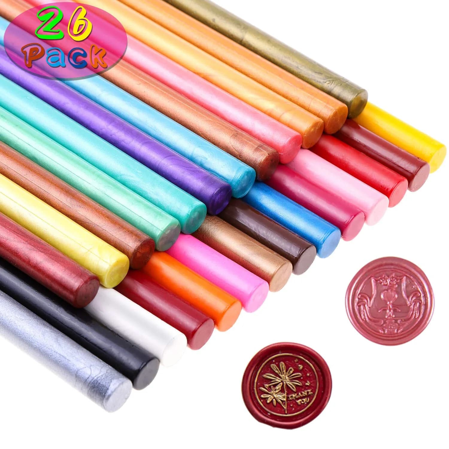 PAXCOO Wax Seal Sticks for Crafts & Letters, 26 Colors | Flame-Free, Quick Drying (70-120 chars)