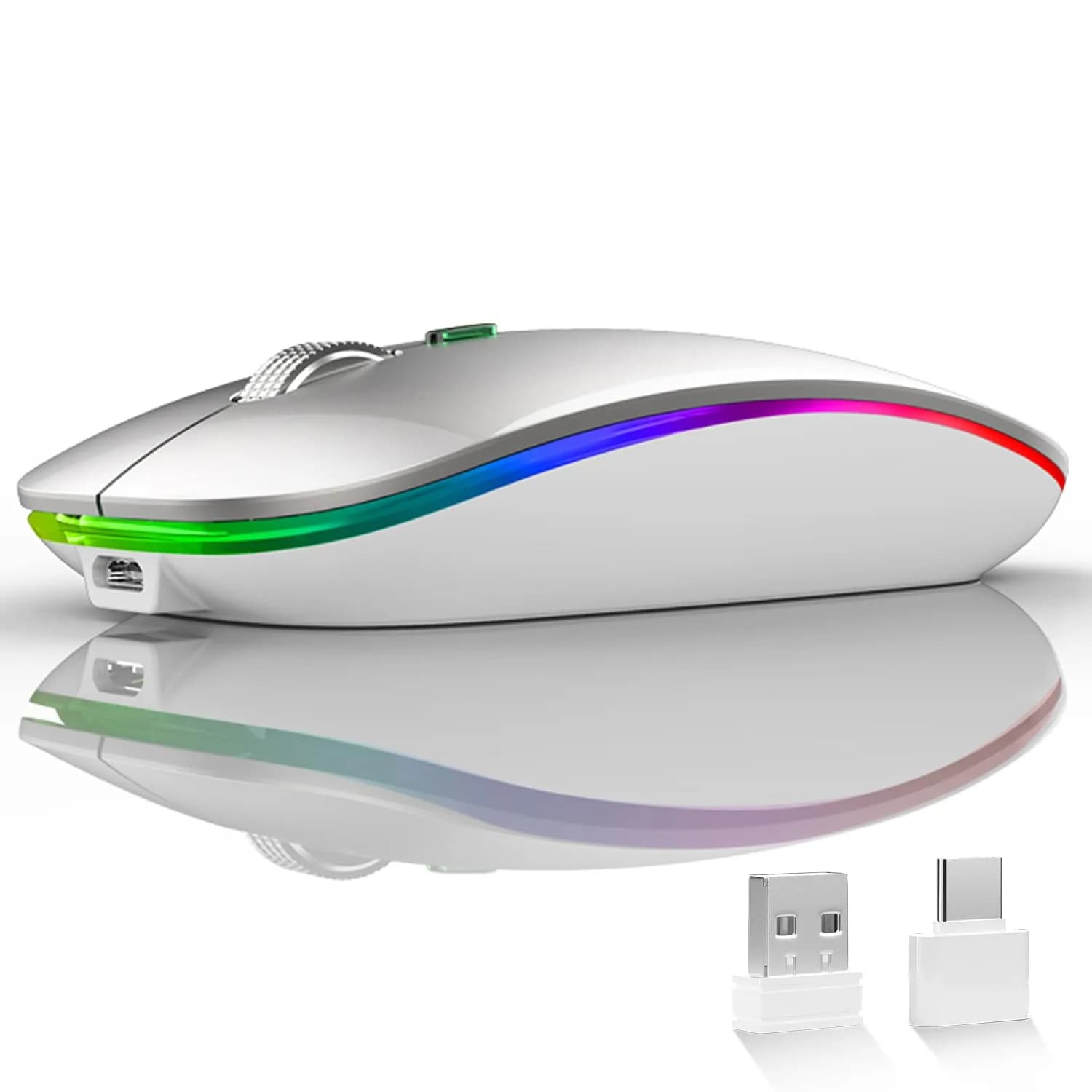 Uiosmuph G12 LED Wireless Mouse, Rechargeable Silent Mouse with USB C Adapter, 1600DPI Optical, 4.4 x 2.22 x 0.79 inches, Silver | Modern Style - main product image