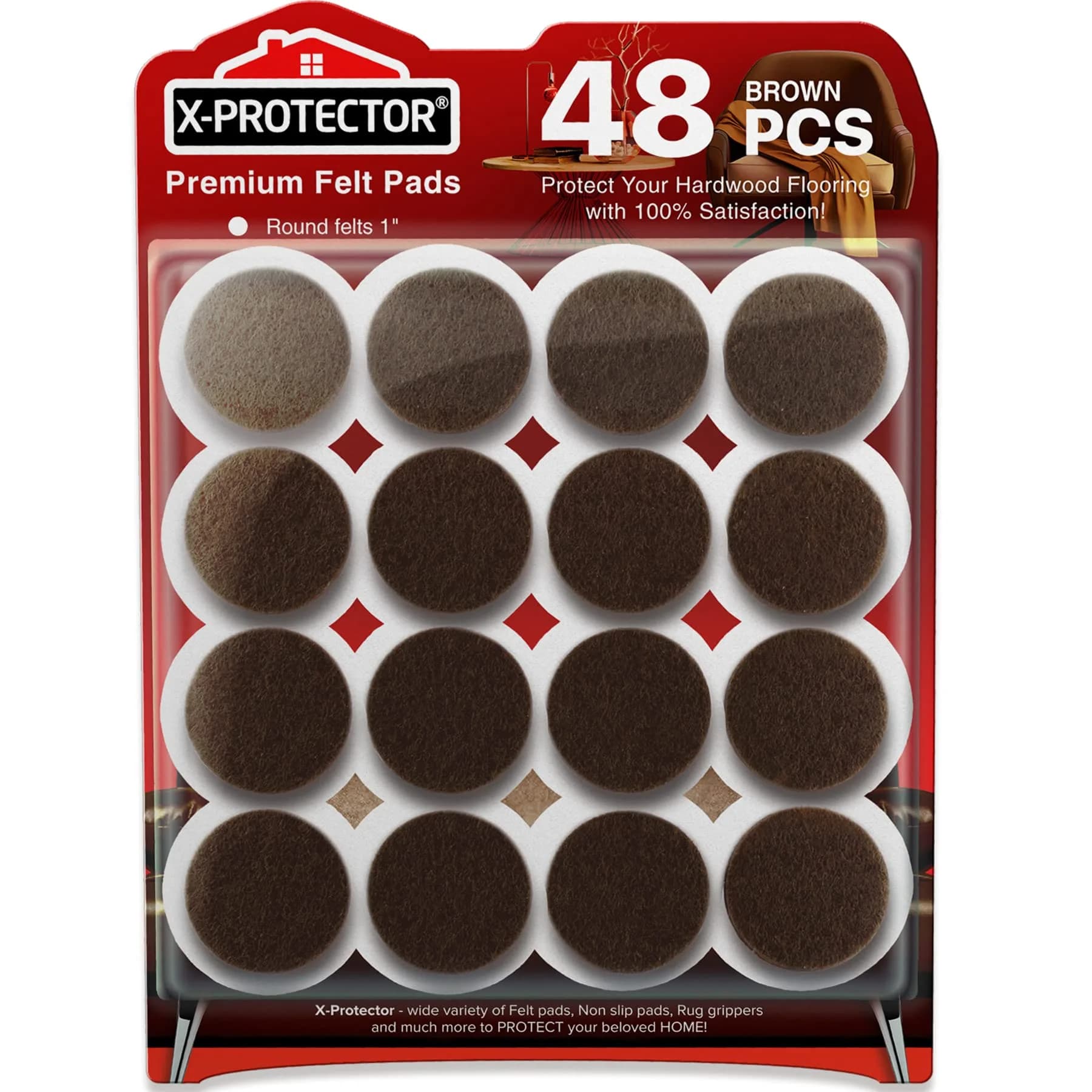 X-Protector Felt Furniture Pads - 48 PCS 1" Brown | Protects Wooden & Laminate Floors