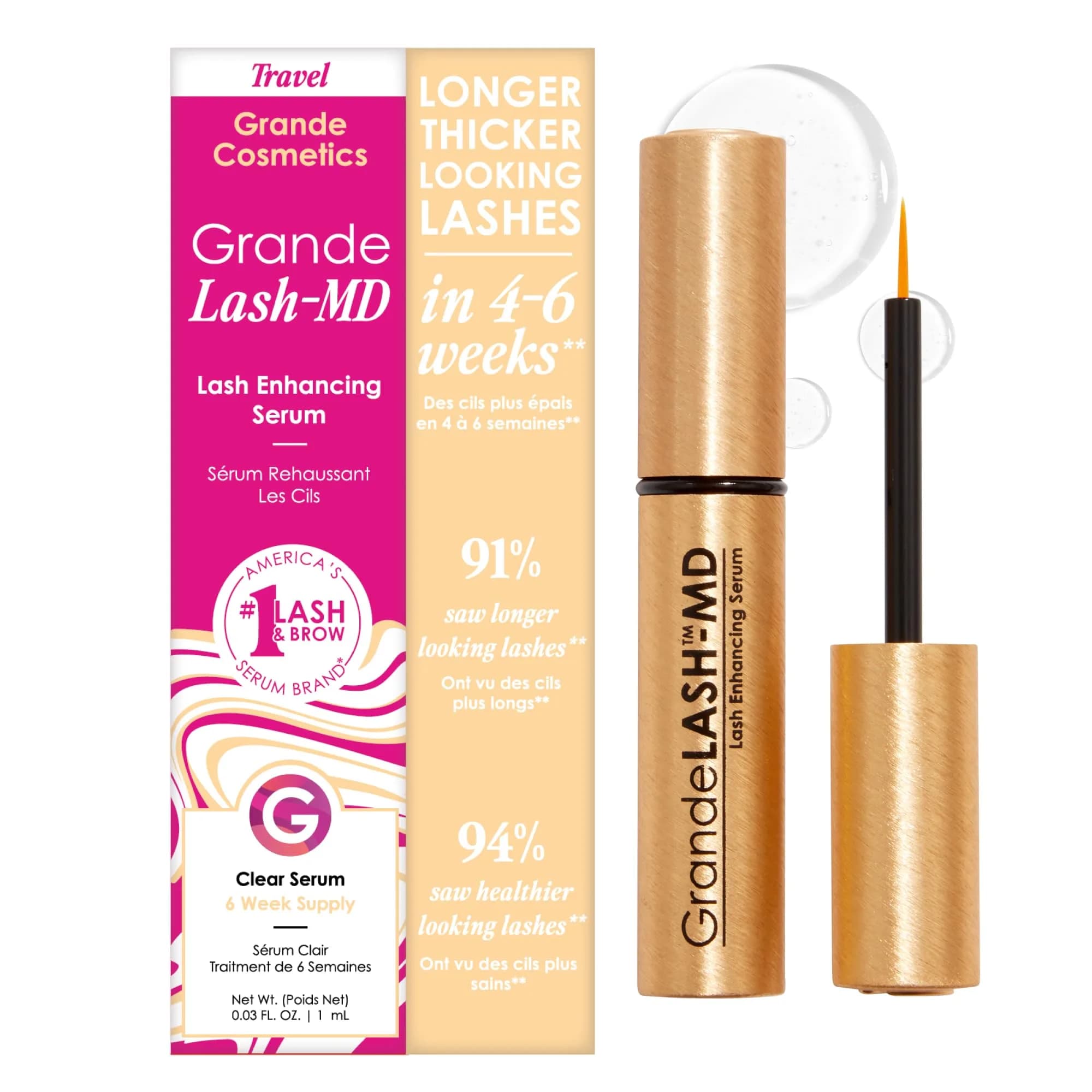 Grande Cosmetics GrandeLASH-MD Lash Enhancing Serum 1mL (0.034 Fl Oz) | Promotes Longer, Thicker Lashes - main product image