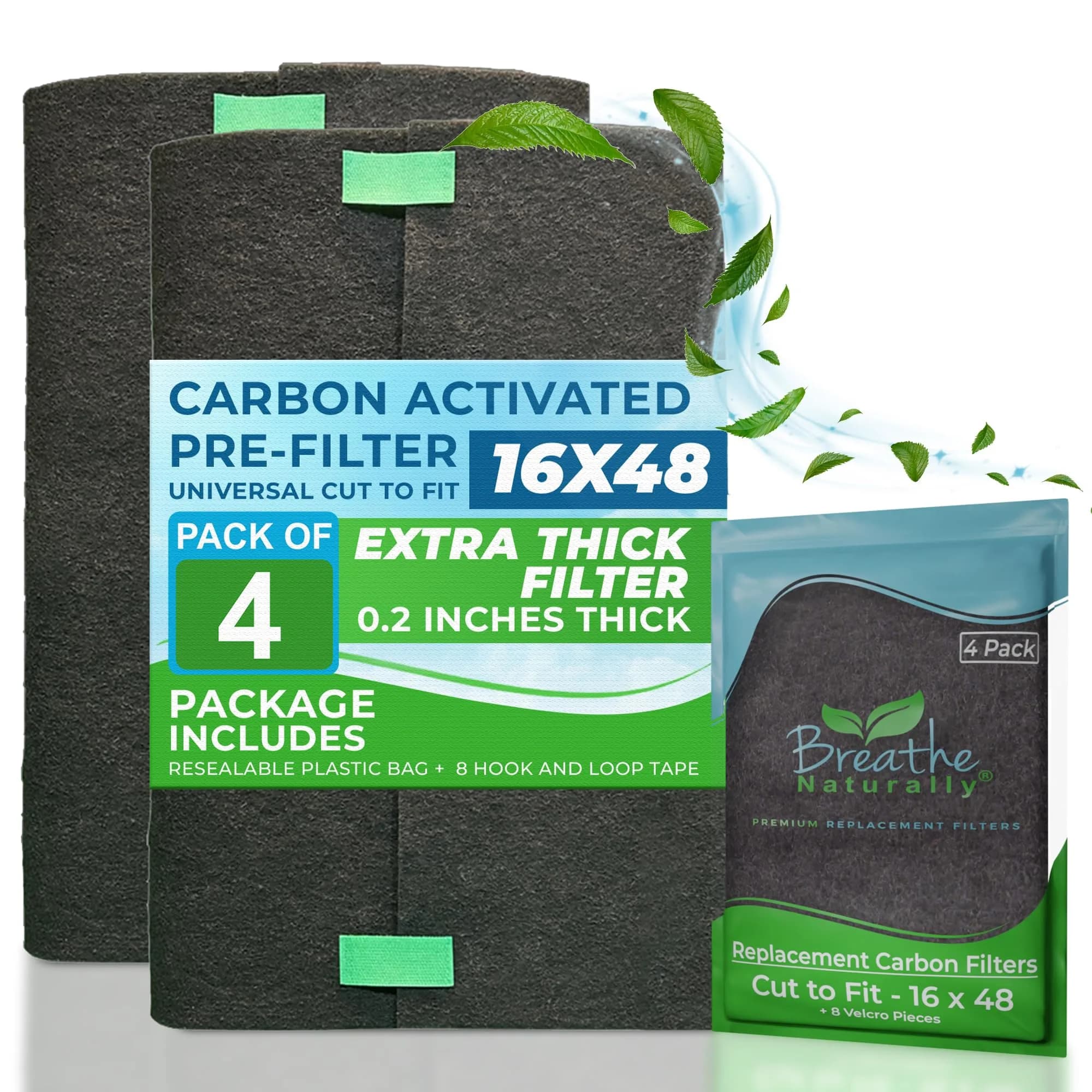 Breathe Naturally Universal Cut-to-Fit Carbon Activated Air Filter 4 Pack (16x48 inches) | Extra Thick 0.2" Filtration for Air Purifiers & Vents - main product image