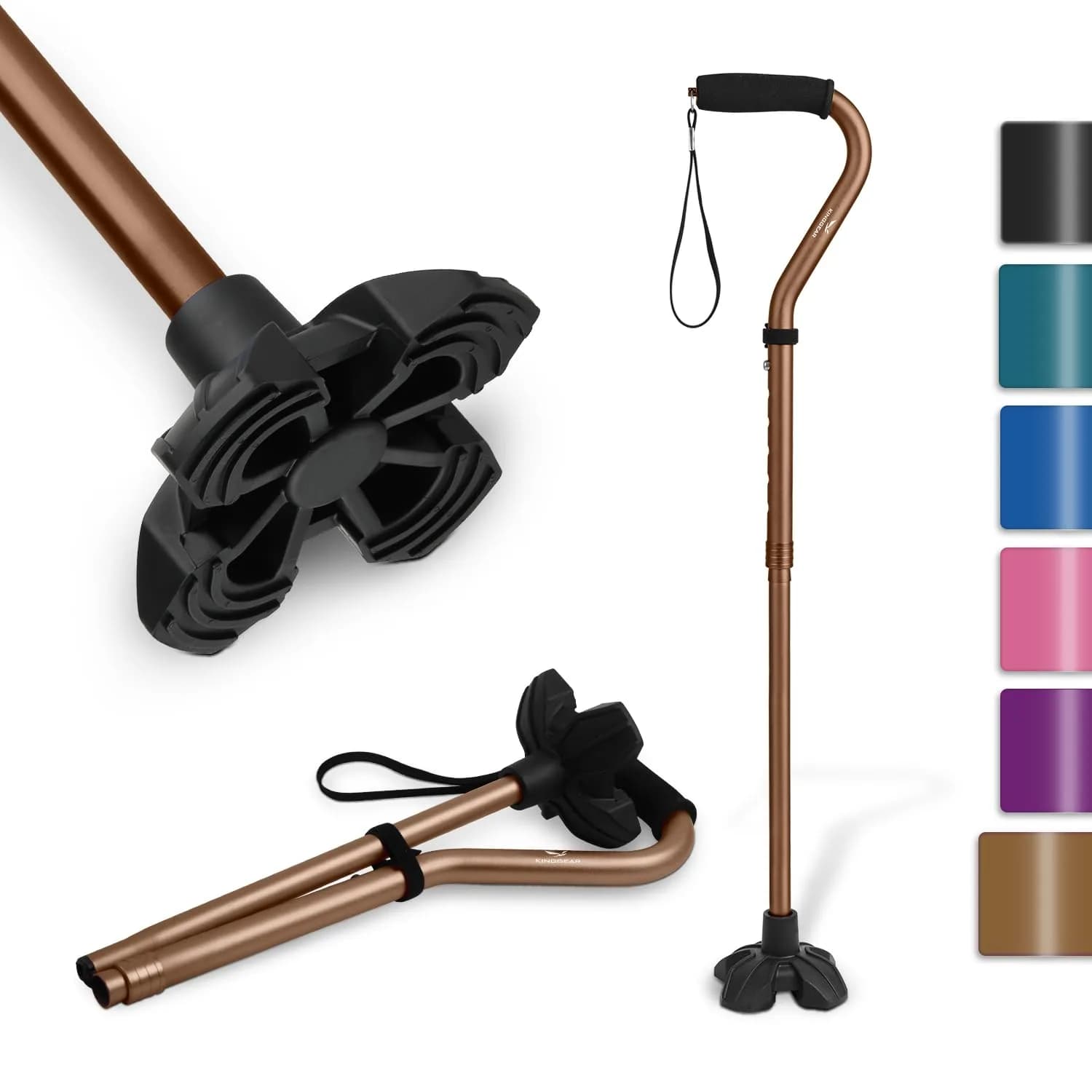 KINGGEAR Self Standing Quad Cane with Offset Handle & 4.3" Base | 31"-36" Adjustable Height, 1.1 lbs Lightweight Aluminum, 300 lbs Capacity - main product image