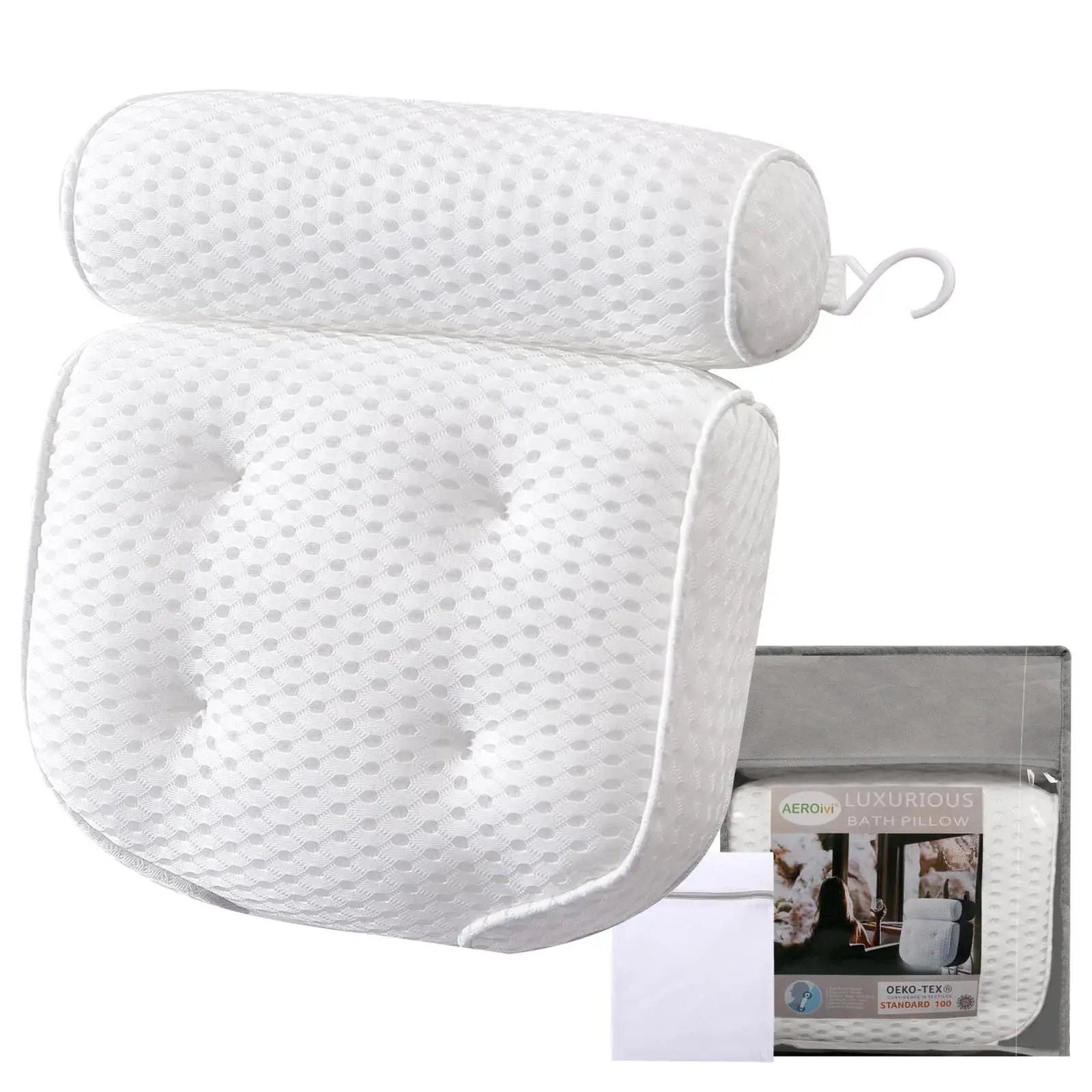 AEROiVi Luxury Bath Pillow for Tub | Soft Mesh Head and Neck Support with 6 Strong Suction Cups, White (1 Count) - main product image