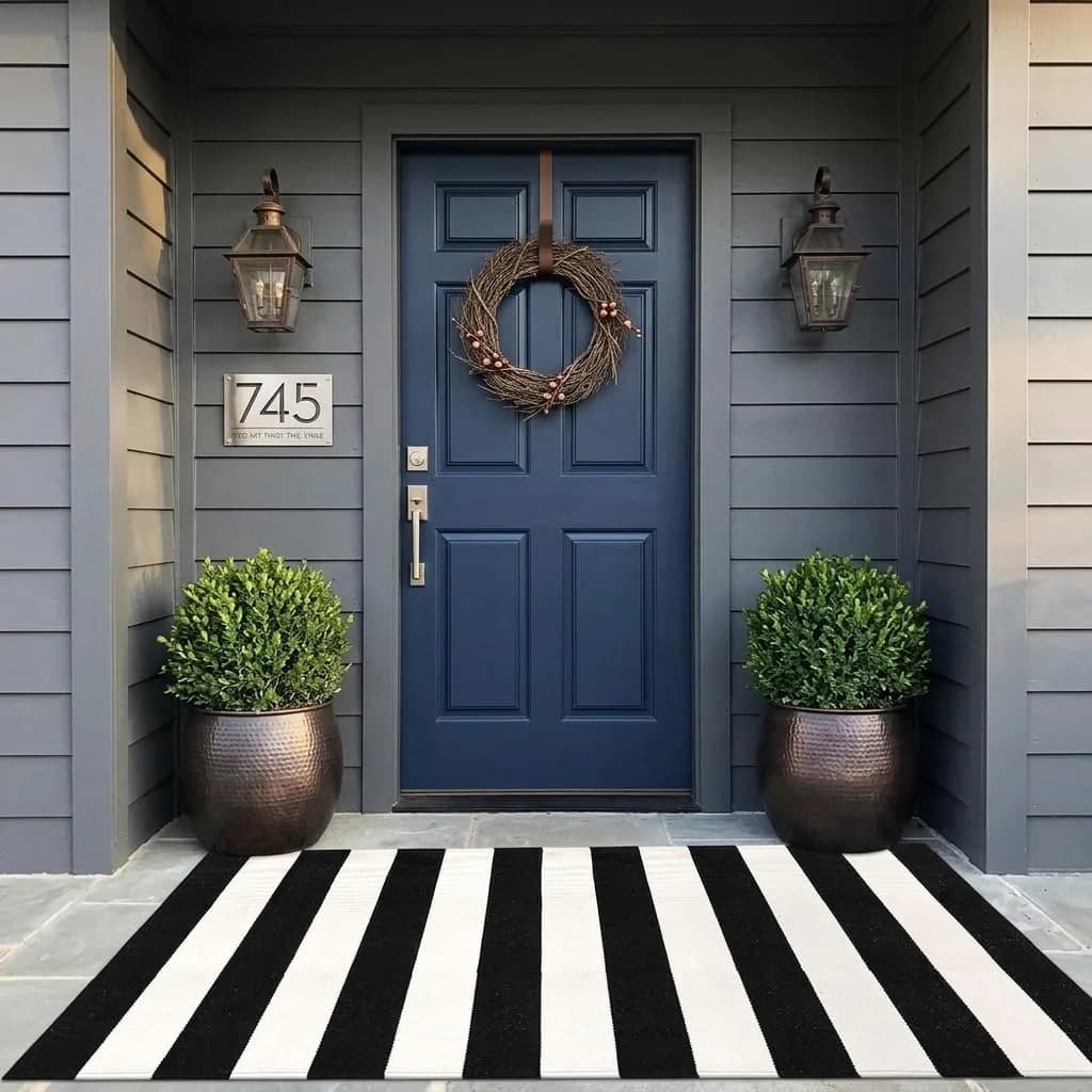 LEEVAN Black and White Striped Outdoor Rug 3x5 | Washable Front Porch Rug - main product image