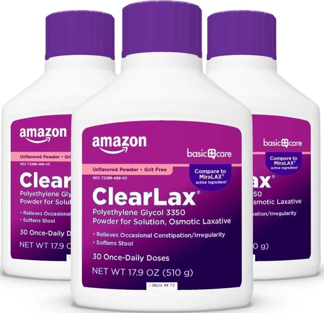 Amazon Basic Care ClearLax Polyethylene Glycol 3350 Powder for Solution 1.11 lb (503 g) Pack of 3 | Osmotic Laxative for Occasional Constipation - main product image
