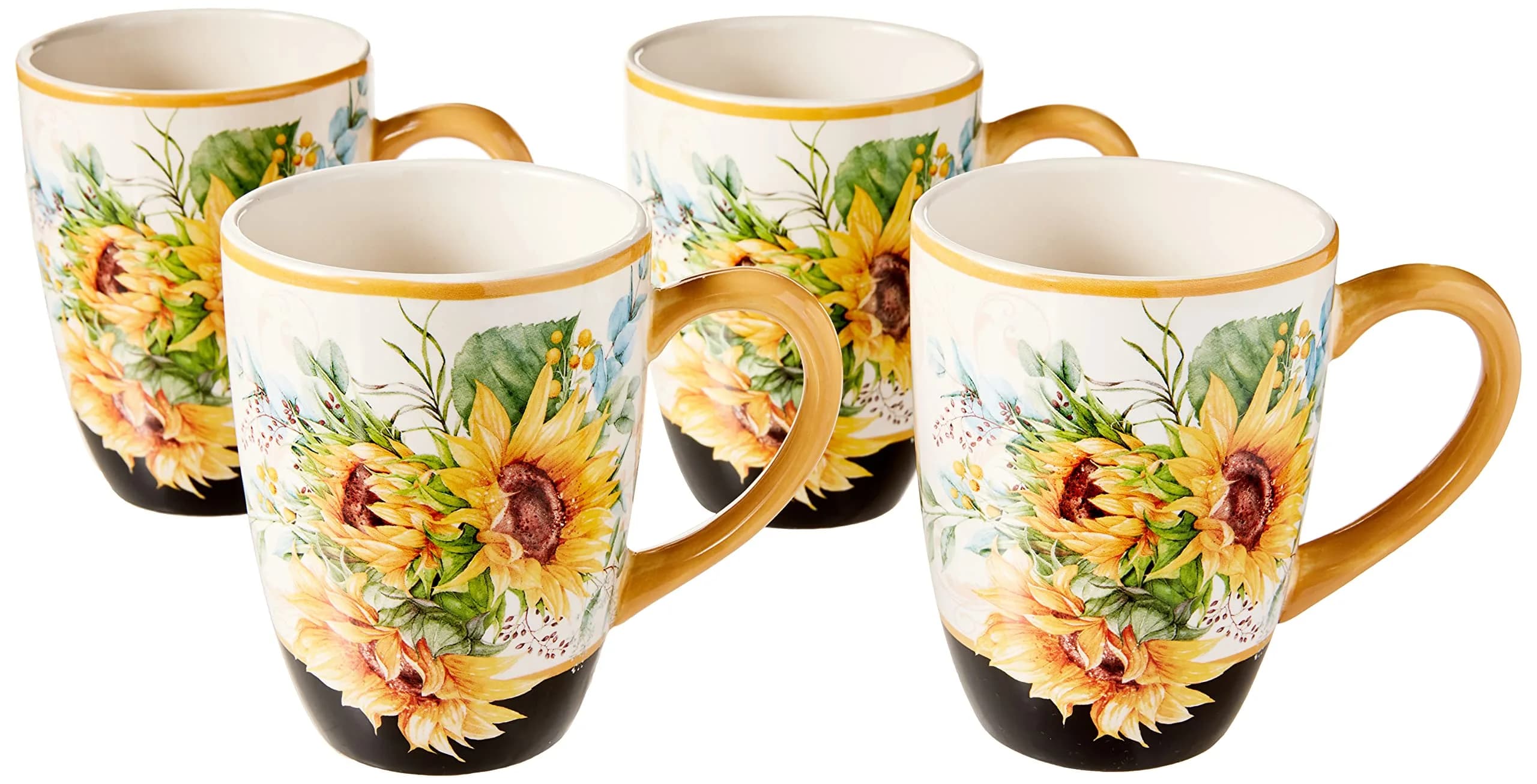 Certified International Sunflower Fields Ceramic Mug Set (4) | 18 oz Floral Coffee & Tea Cups with Golden Handles