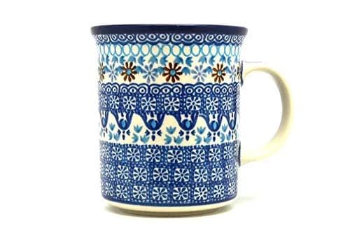 Polish Pottery Gallery Blue Drinking Cup 15 oz | Handmade Polish Stoneware Mug with Large Handle — 2187a