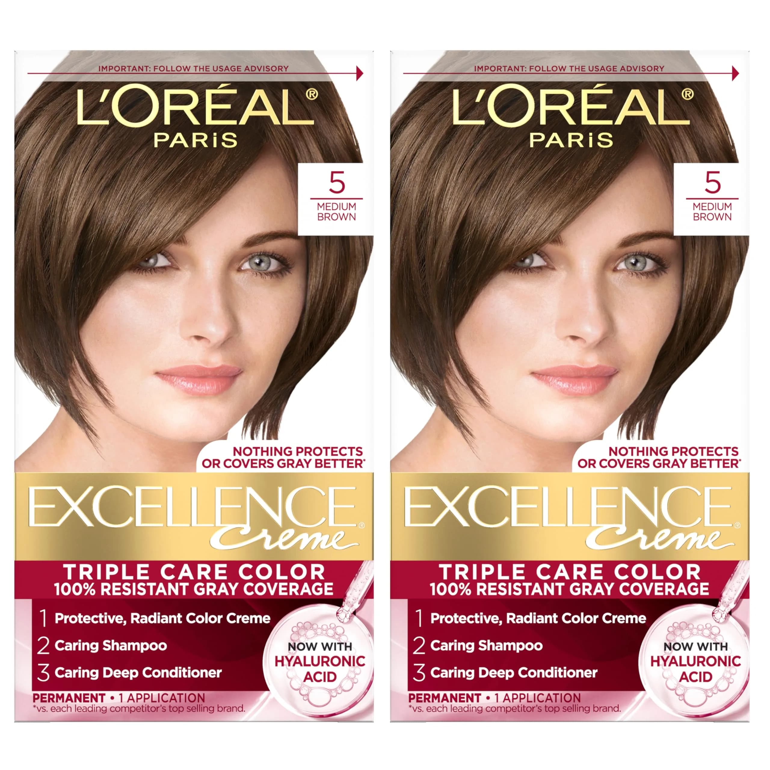L'Oreal Paris Excellence Crème Permanent Hair Dye 5 Medium Brown (2 Kits) | Triple Care Color with Hyaluronic Acid for 100% Gray Coverage - main product image