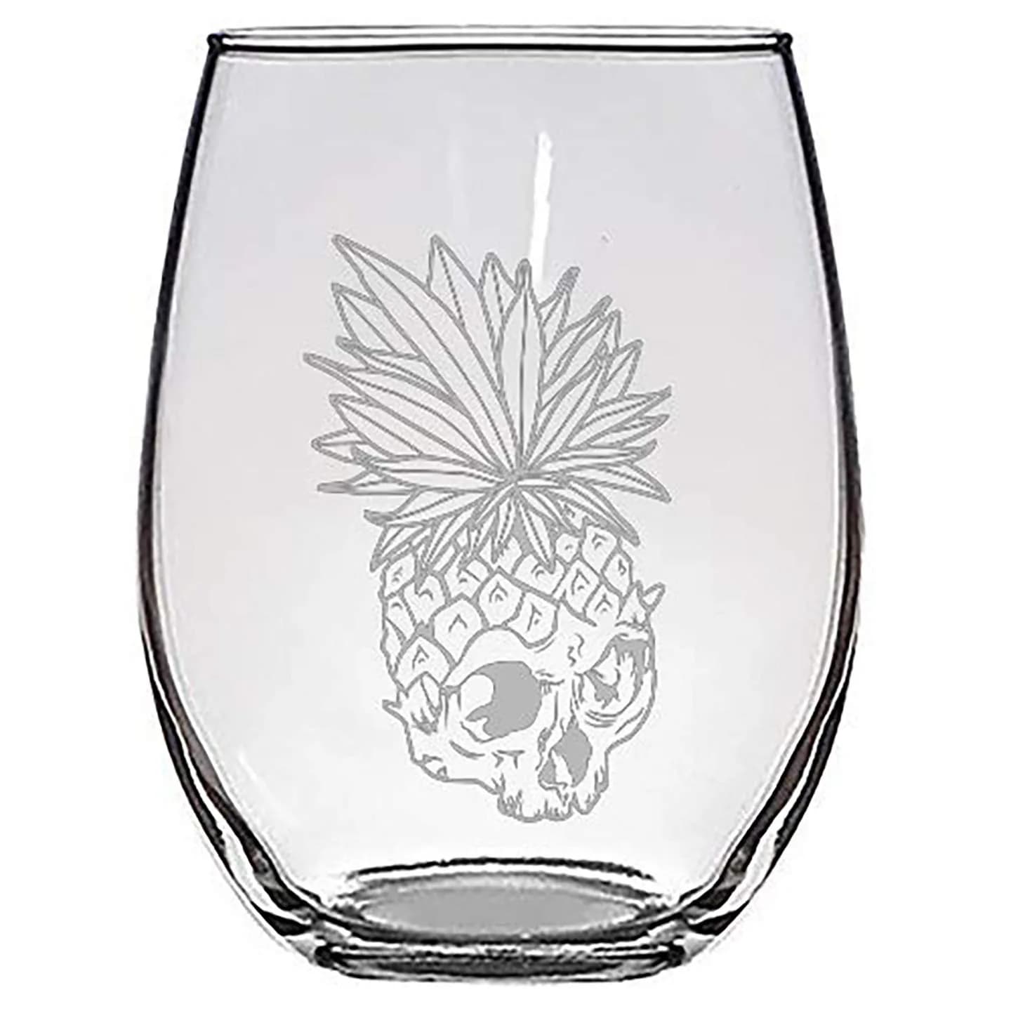 Hat Shark Tropical Summer Pineapple Skull Leaf Fire Eyes Punk Fruit Design Laser Engraved Stemless Wine Glass 624ml (21 Ounces) | Dishwasher Safe