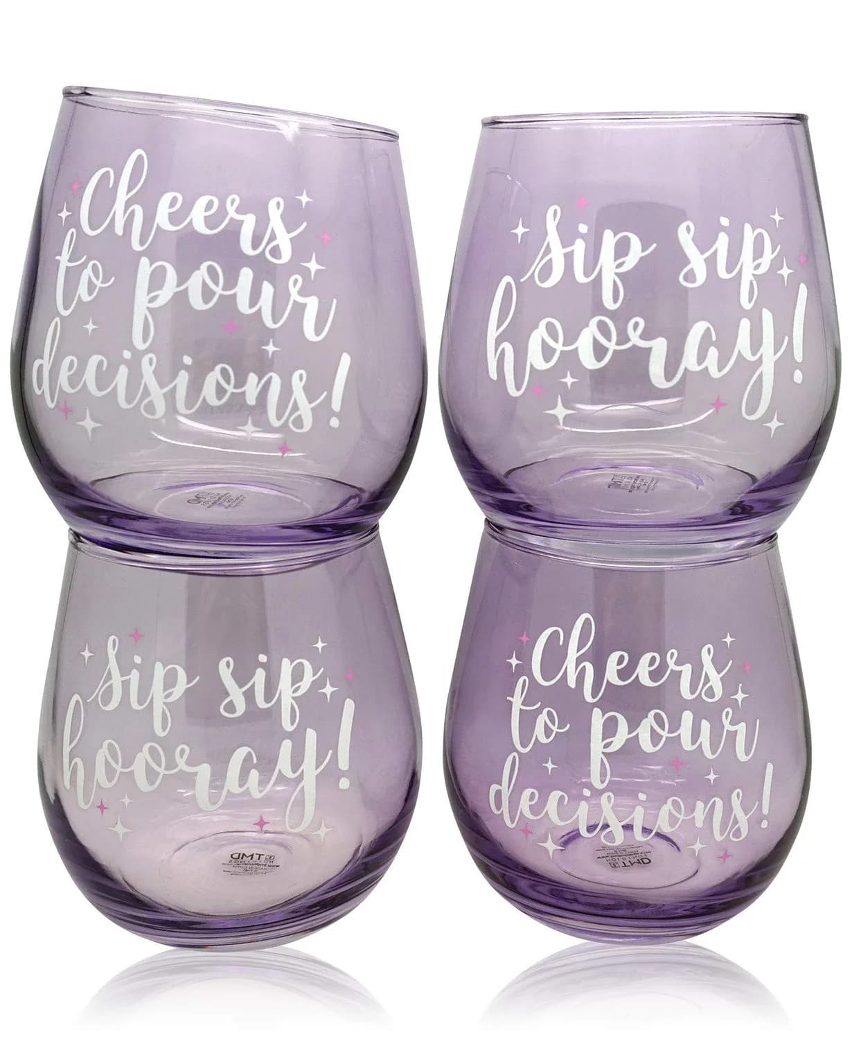 TMD Holdings Set of 4 Purple Stemless Wine Glasses | 16oz Fun Sayings, Hand Wash Only - main product image