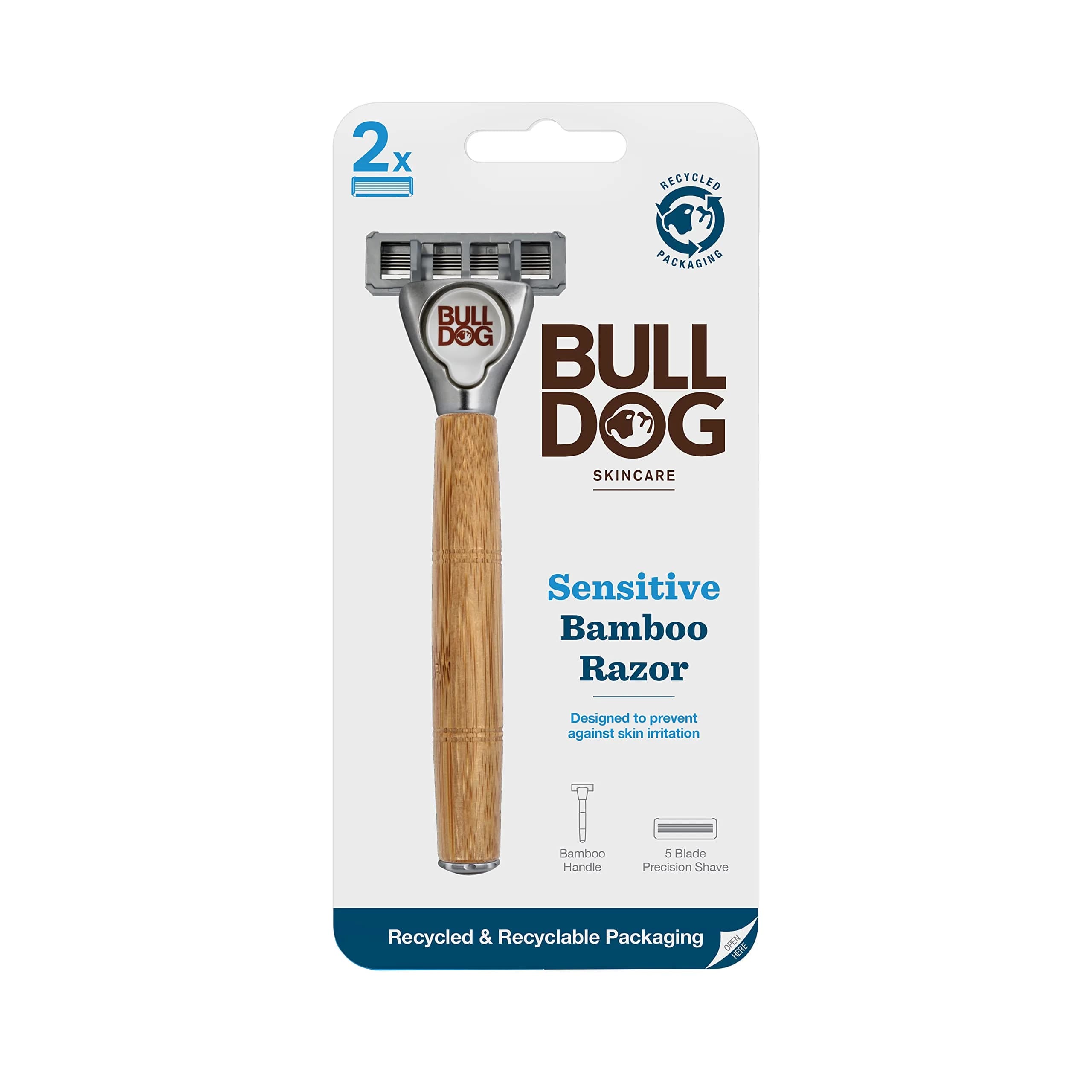 Bulldog Skincare - Sensitive Bamboo Razor 1 Count | Eco-Friendly Handle & 5 Steel Blades