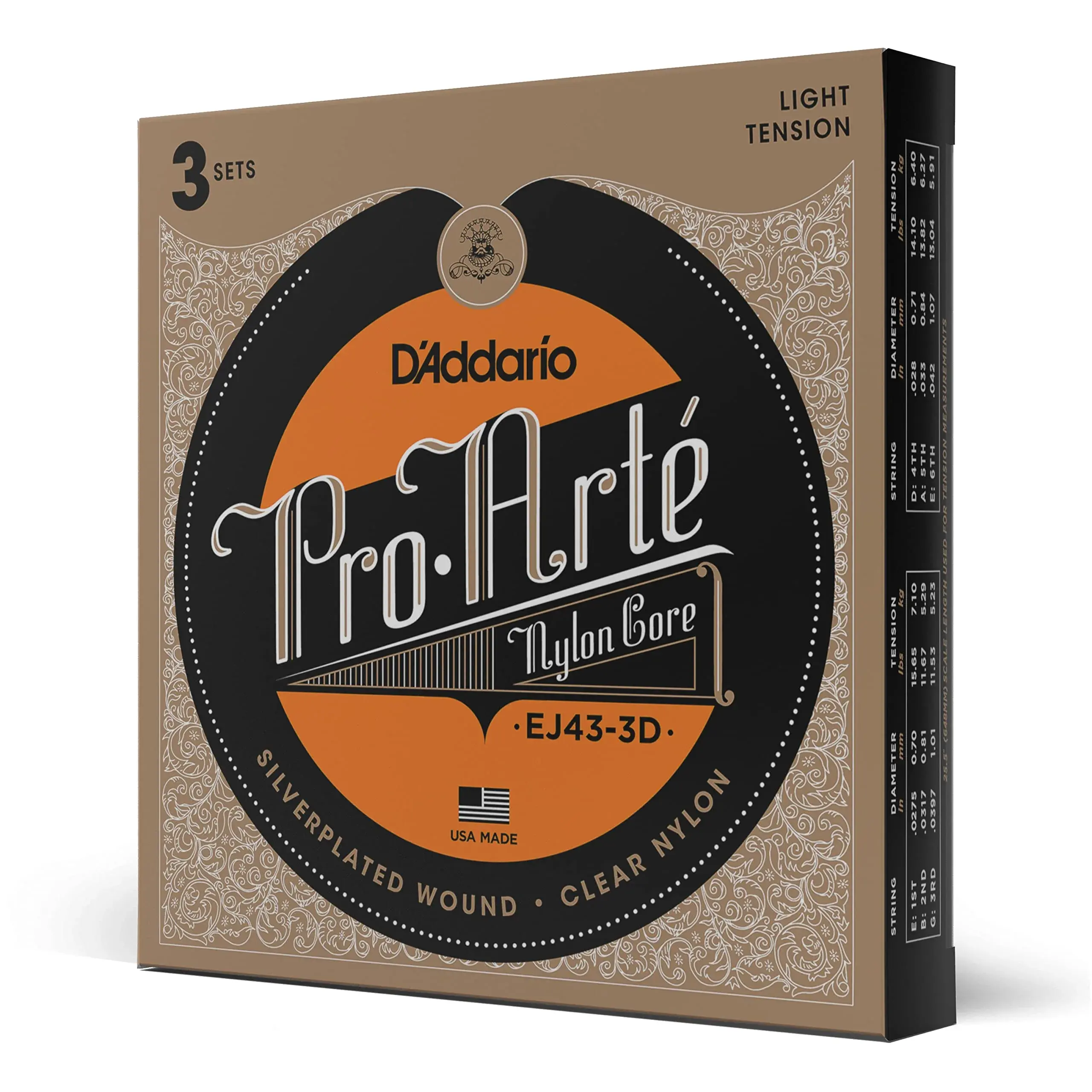 D'Addario Pro-Arte Nylon Classical Guitar Strings, Light Tension, 3 Sets | Warm Tone, Responsive Playability - main product image