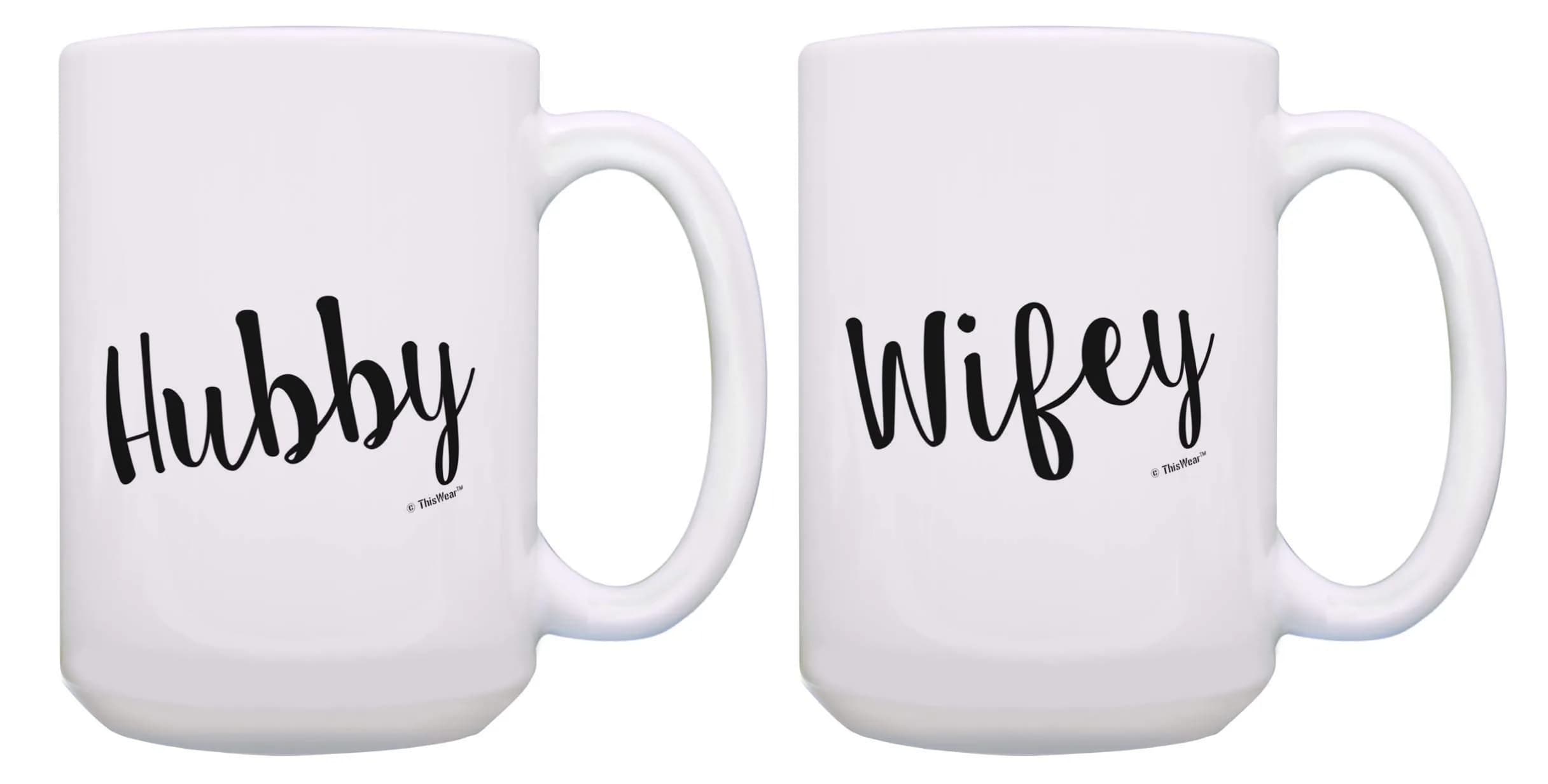 ThisWear Hubby & Wifey Wedding 15oz Coffee Mug - 2 Pack | Large Ceramic Couple Mugs for Wedding Gift