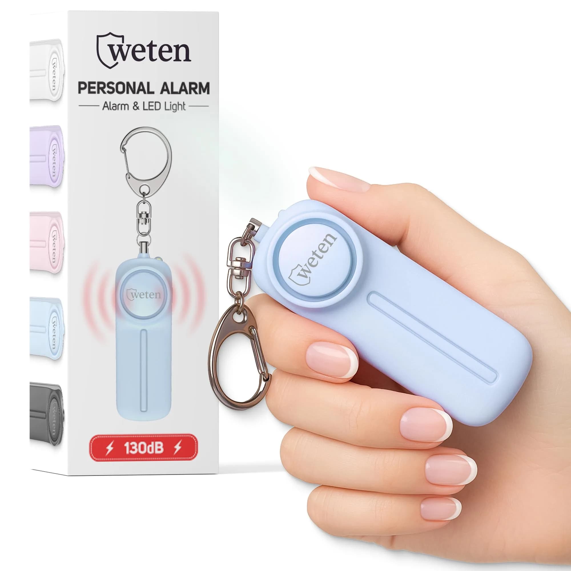 WETEN Personal Safety Alarm Keychain for Women, 130dB Siren & LED Light, Blue (2 AAA Batteries Required) - main product image