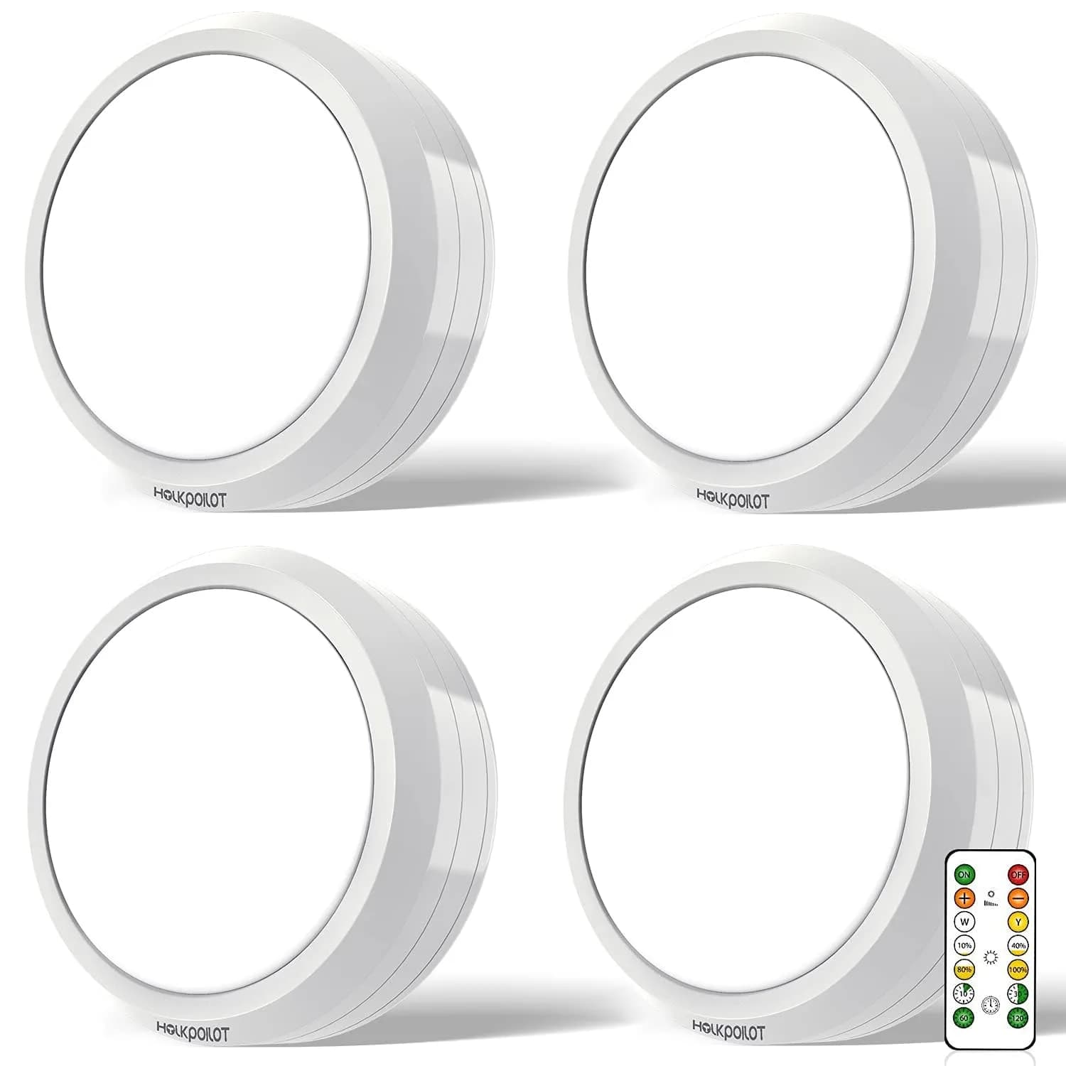 HOLKPOILOT White 4pack Light Fixture | Wireless Under Cabinet Puck Lights with Remote - main product image