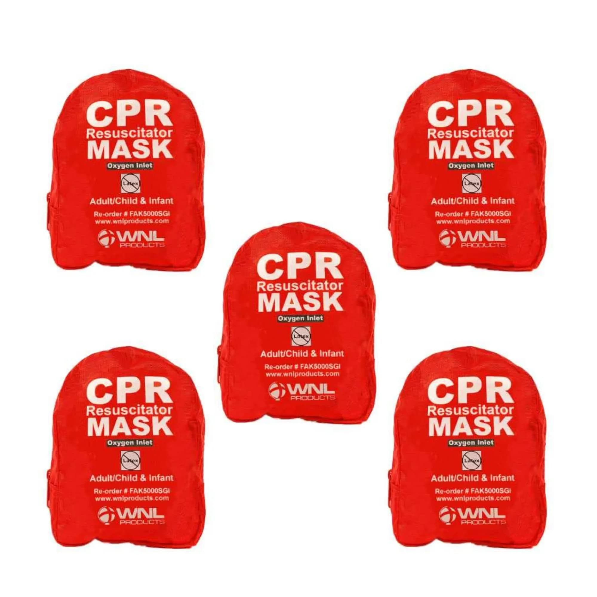 WNL Products CPR Rescue Mask Kit with Infant Mask, 5 Pack | Adult/Child & Infant CPR Mask with One-Way Valve, Filter, Gloves, Wipe in Soft Red Case - main product image