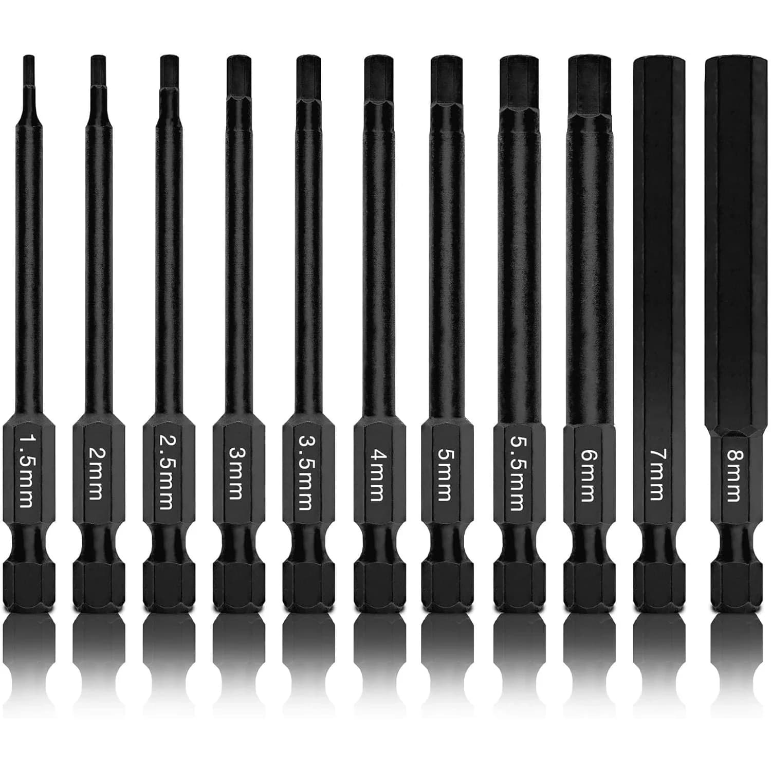 NEIKO 01148A Hex Allen Power Bit Set, 11-Piece Metric Sizes 1.5mm to 8mm | Magnetic Head Bits with 3 Quick Release Shanks - main product image