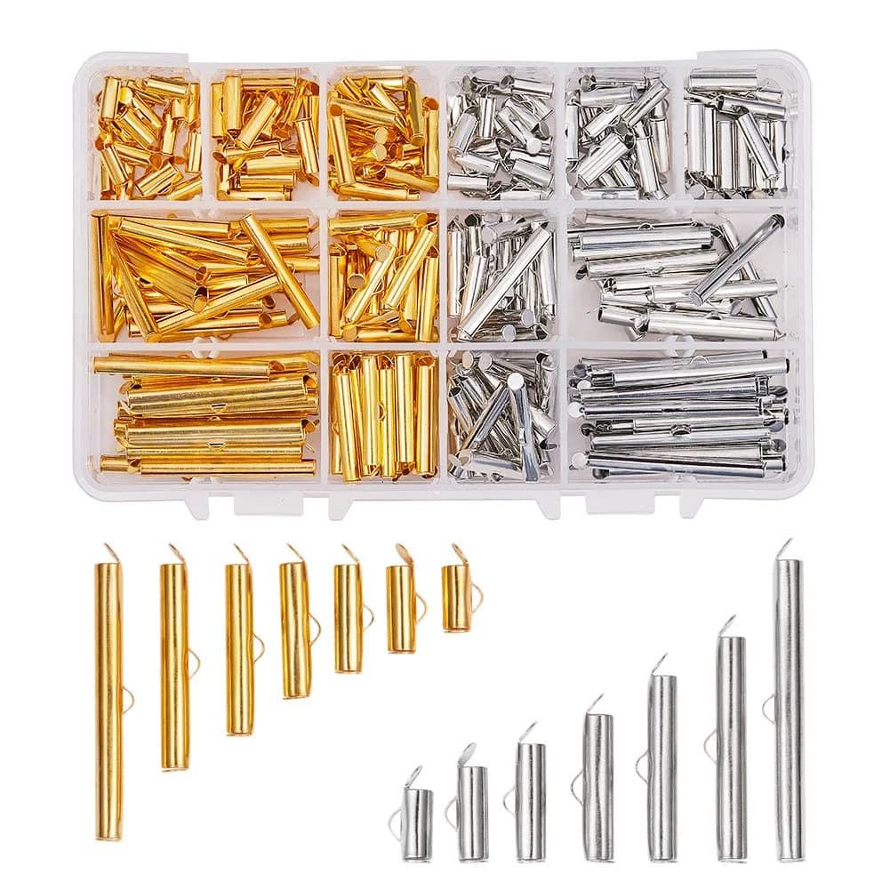 PH PandaHall 240pcs Slide On End Clasp Tubes Slider End Caps | 7 Sizes Platinum Golden - main product image